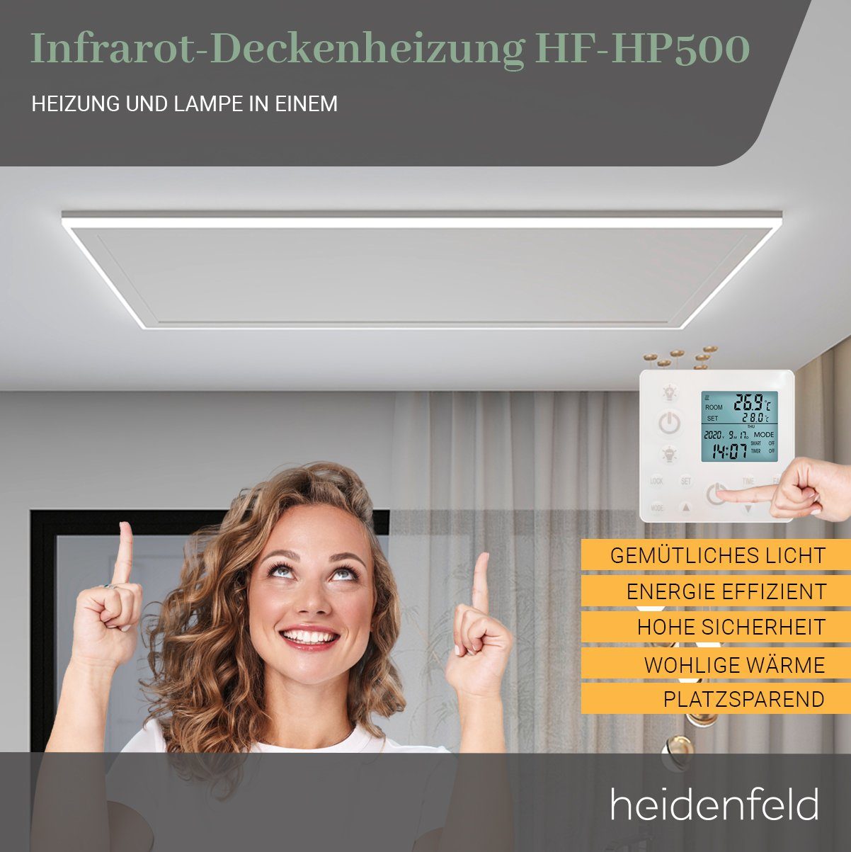 Heidenfeld Infrarotheizung 390 - 800 W Decken Elektroheizung HF-HP500 - 10 J. Garantie, Fernbedienung - Infrarot Heizkörper Elektroheizkörper Deckenheizung