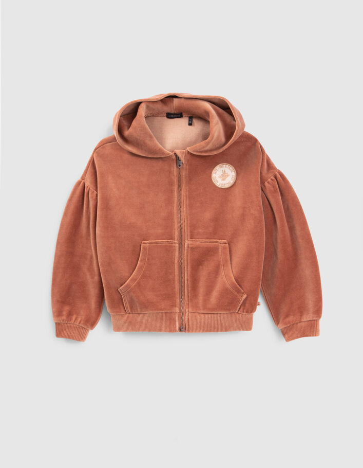 Cardigan rose cuivré maille velours à capuche fille