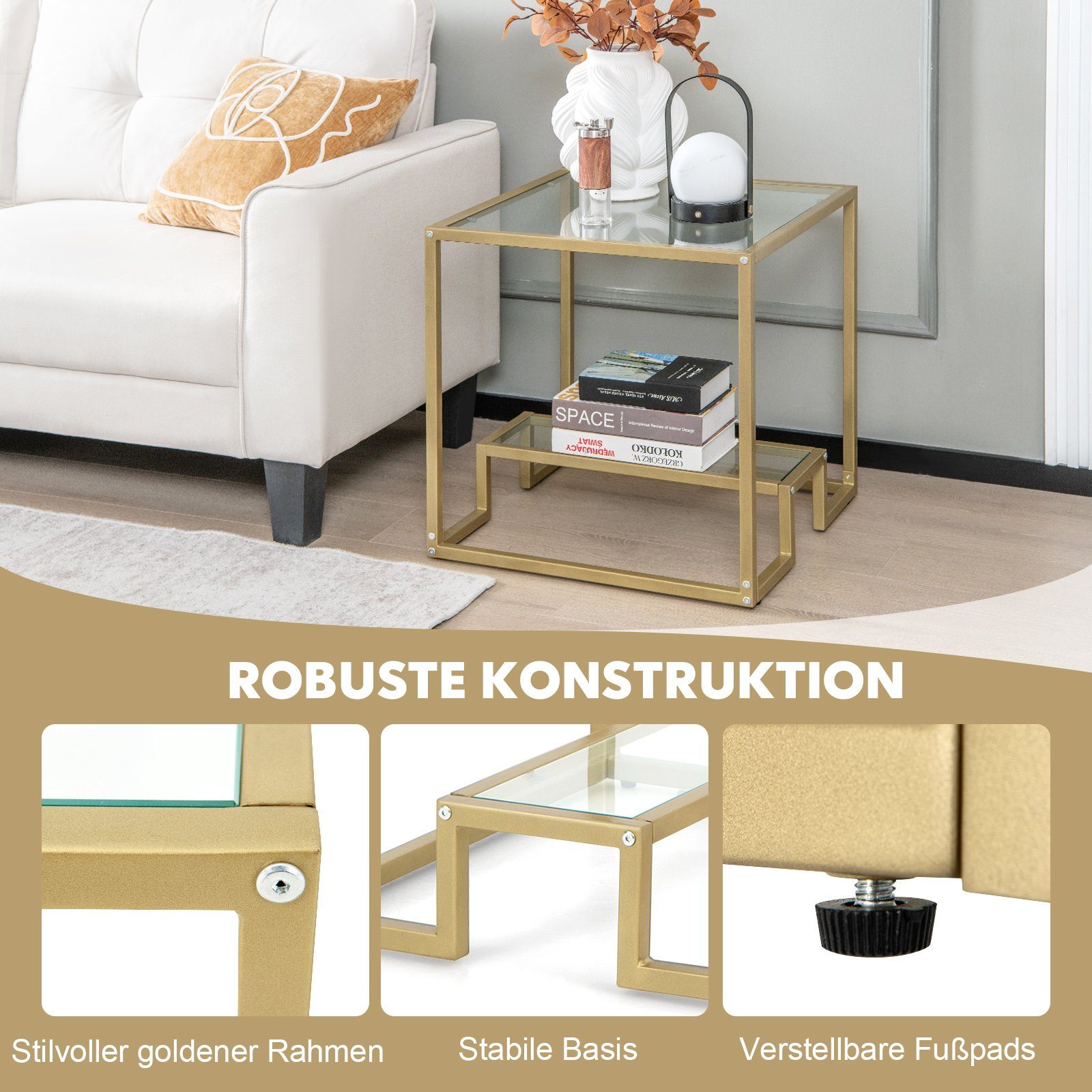 COSTWAY Beistelltisch, Tischplatte aus Glas, Metallrahmen, gold, 56x56x56,5cm