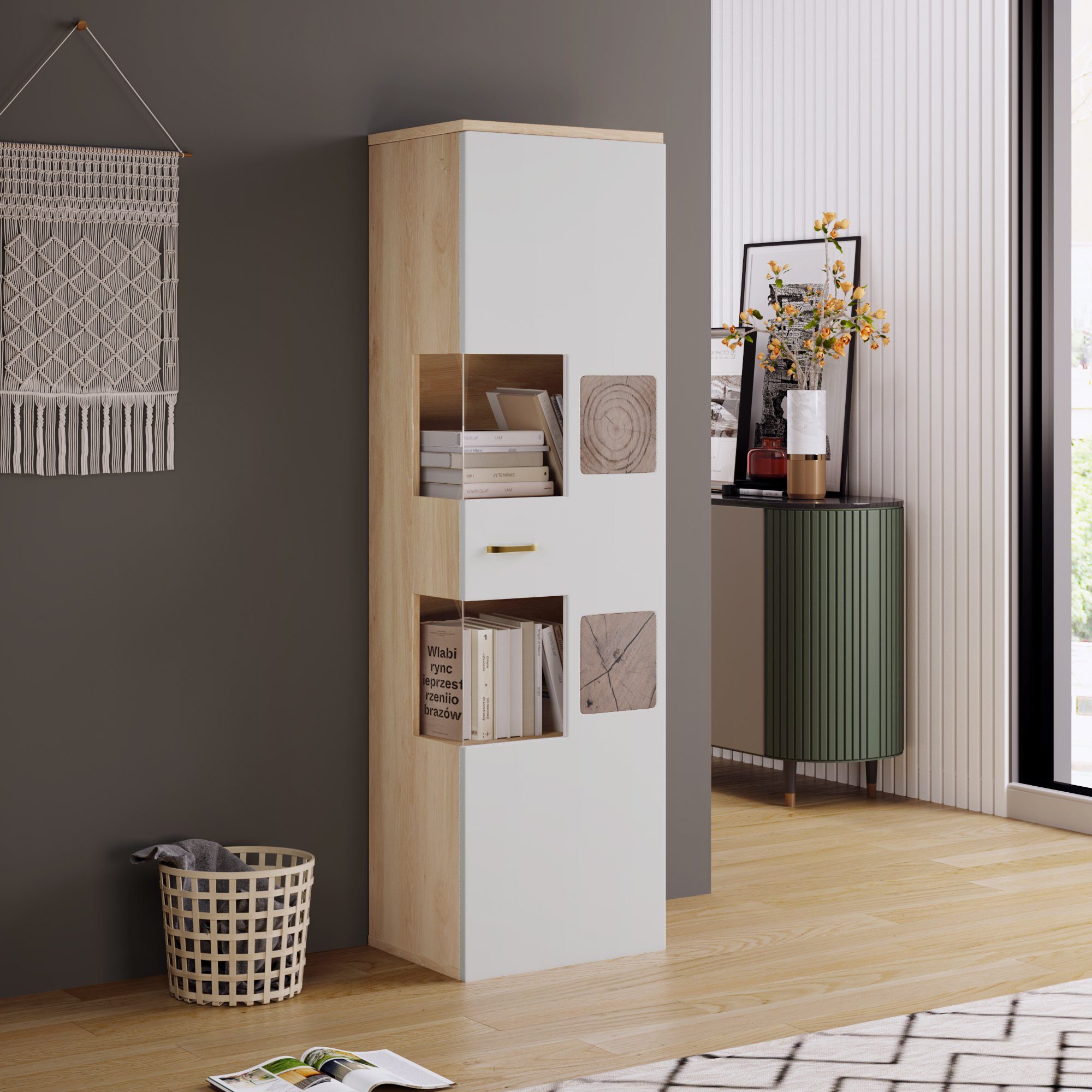 REDOM Vitrine (155 x 52 x 40 cm) Ausreichend Stauraum, mit LED-Beleuchtung