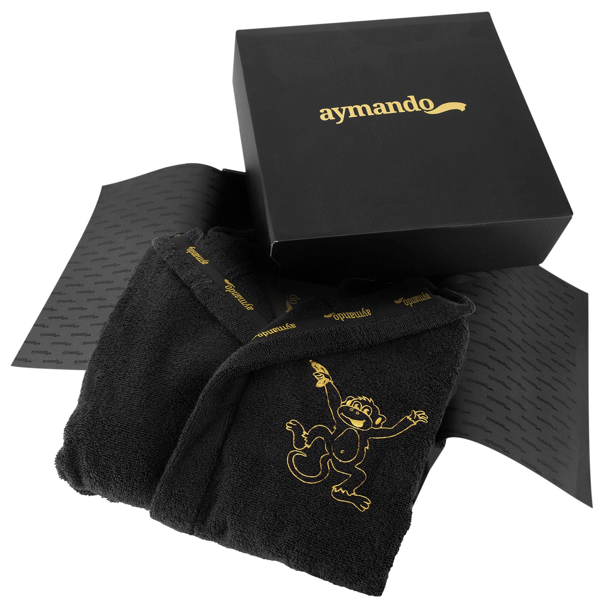 Aymando Kinderbademantel Affe, 117-128, 100% Baumwolle, Kapuze, Gürtel, gold gestickte Tiermotive, Zero Twist Garn, Geschenkverpackung