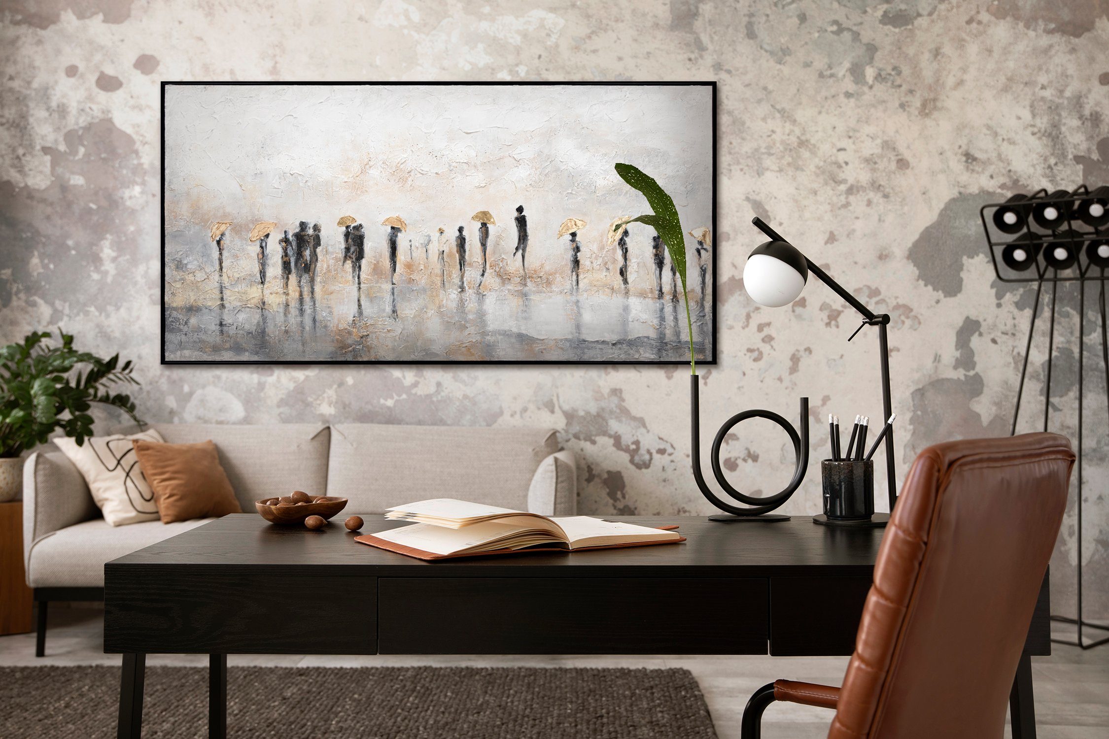 YS-Art Gemälde Sommerregen, Leinwand Bild Handgemalt Menschen Regenschirm Gold mit Rahmen