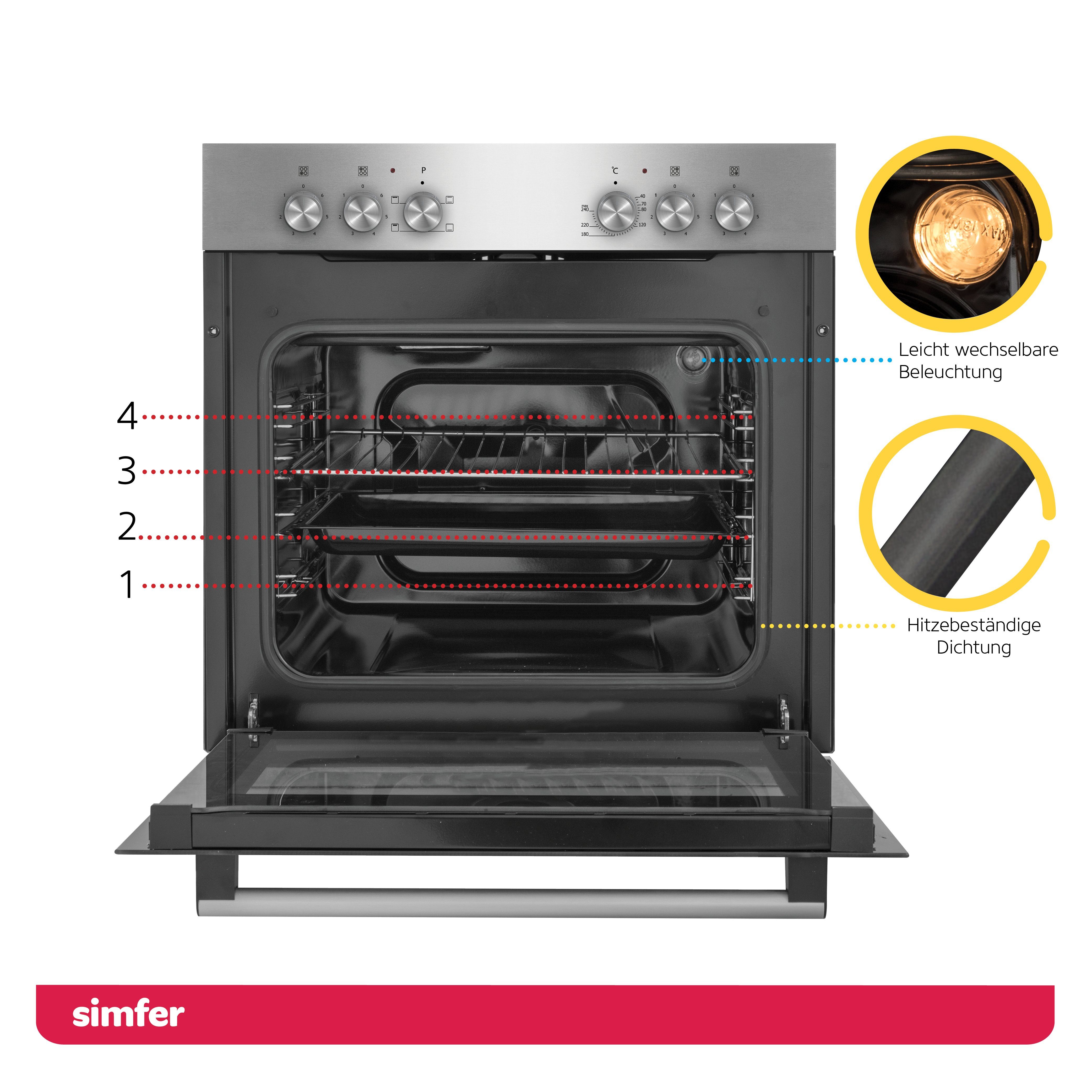 Simfer Elektro-Herd-Set SMF-CS 3024 Einbau Herd-Set, 60 cm, 66 Liter, mit Teleskopauszug nachrüstbar, SteamClean, Glaskeramik-Kochfeld, 4 Funktionen, Grillfunktion, Seitengitter