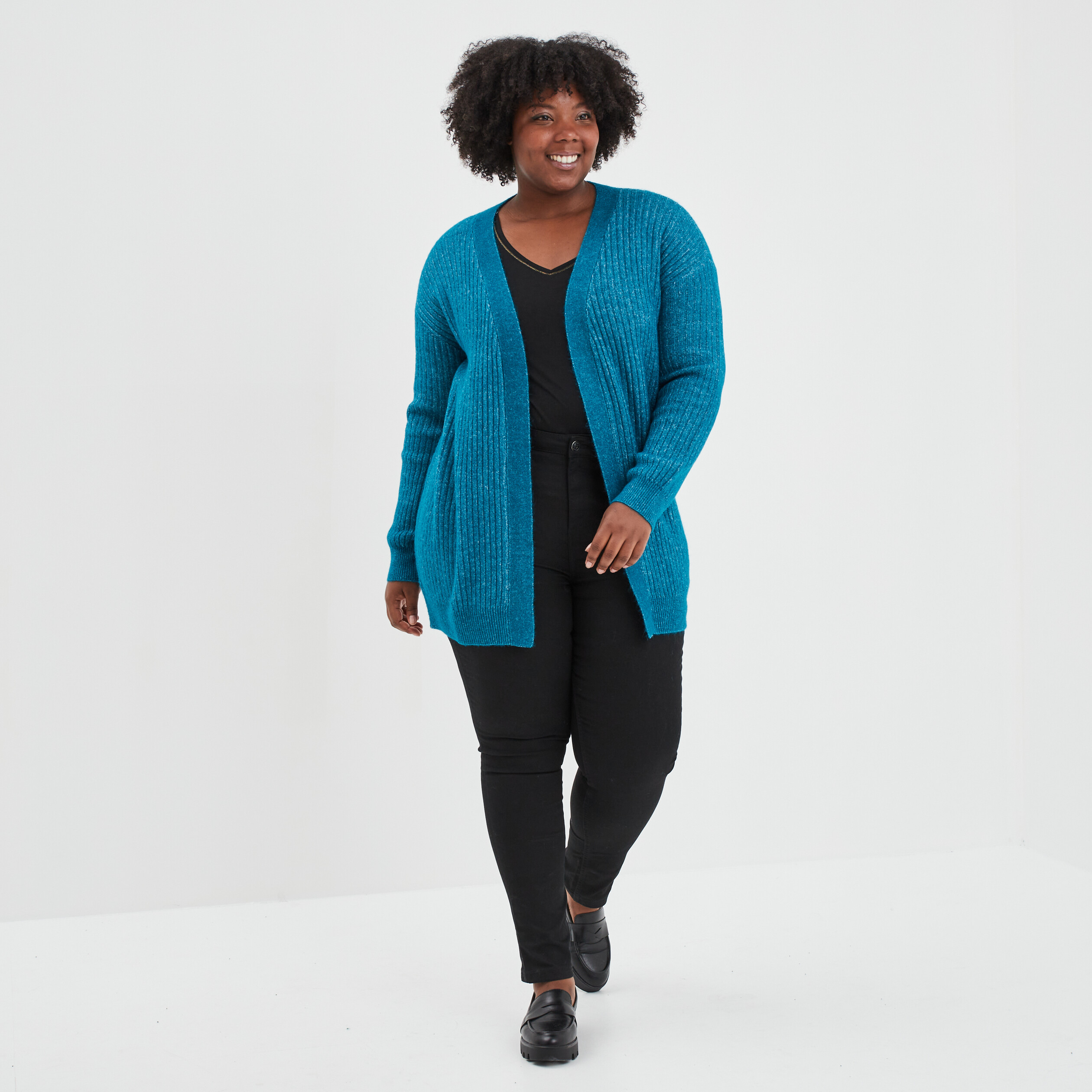 Gilet long côtelé col châle bleu canard femme grande taille | La Halle