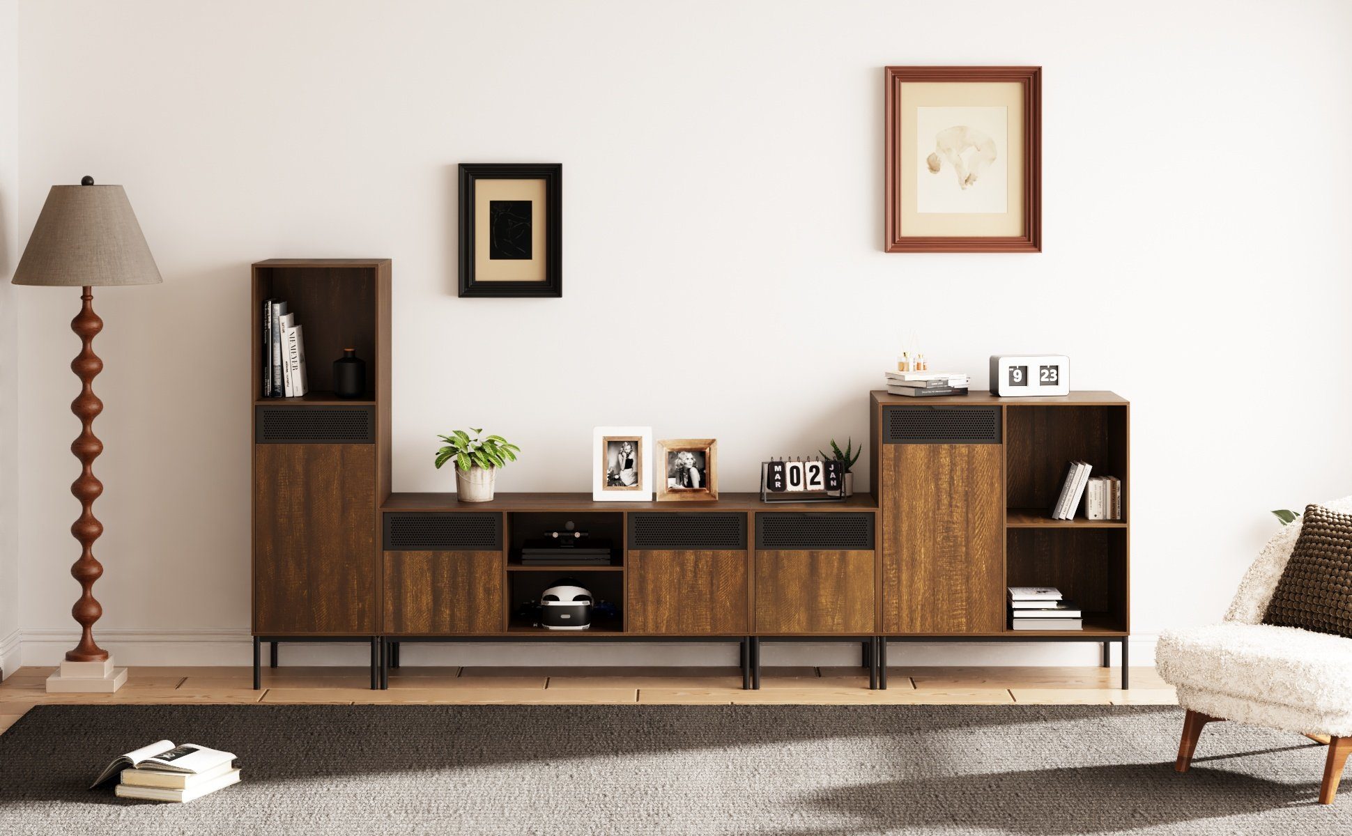 Mondeer Lowboard TV Schrank (TV Lowboard), mit 2 Ausgehöhlten Metalltüren und Verstellbarem Einlegeboden
