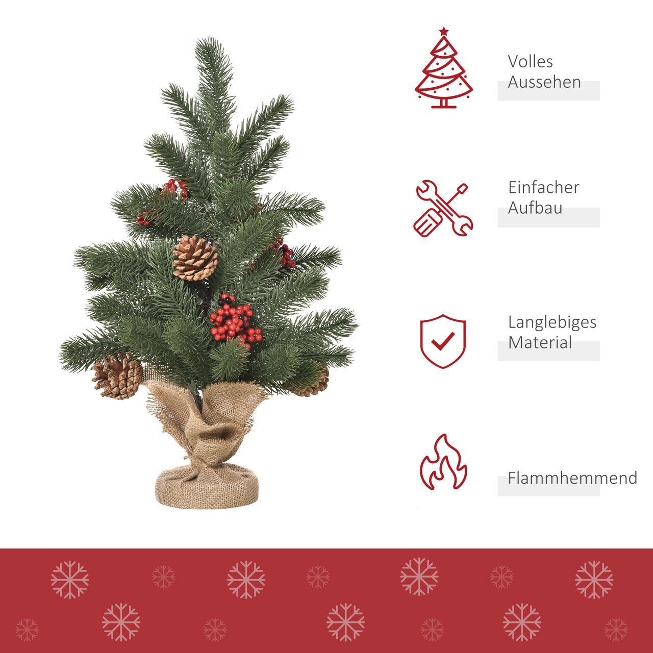 HOMCOM Weihnachtsbaum 50 cm Christbaum mit 4 roten Beeren und 4 Tannenzapfen Kunsttanne 55 Zweige Stabiler und haltbarer Sockel für Tisch und Schreibtisch PE Zement Sackleinen Grün Ø28 x 50 cm