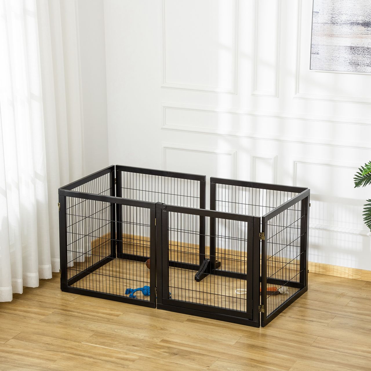 PawHut Türschutzgitter Absperrgitter für Hunde Schutzgitter Hundegitter Sicherheitstür Bidirektionales Falten Kiefernholz Metall Schwarz 432 x 36 x 70 cm