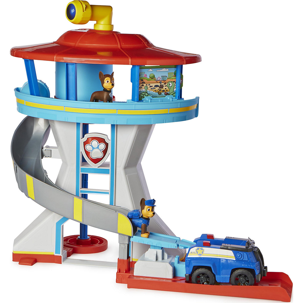 PAW Patrol. 10. Jubiläum, Lookout Tower, Hauptquartier Spielset mit 1 Chase Basis Fahrzeug, 2 Chase Figuren und Zubehör, geeignet für Kinder ab 3 Jahren
