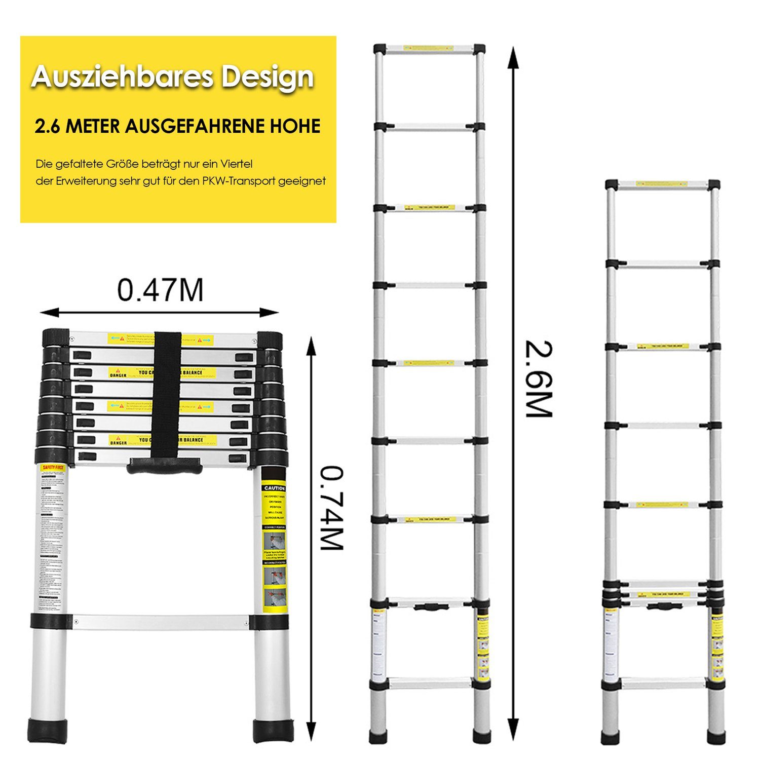 Lospitch Teleskopleiter Teleskopleiter Alu 2.6m-4.4m Ausziehleiter Anlegeleiter bis 150kg