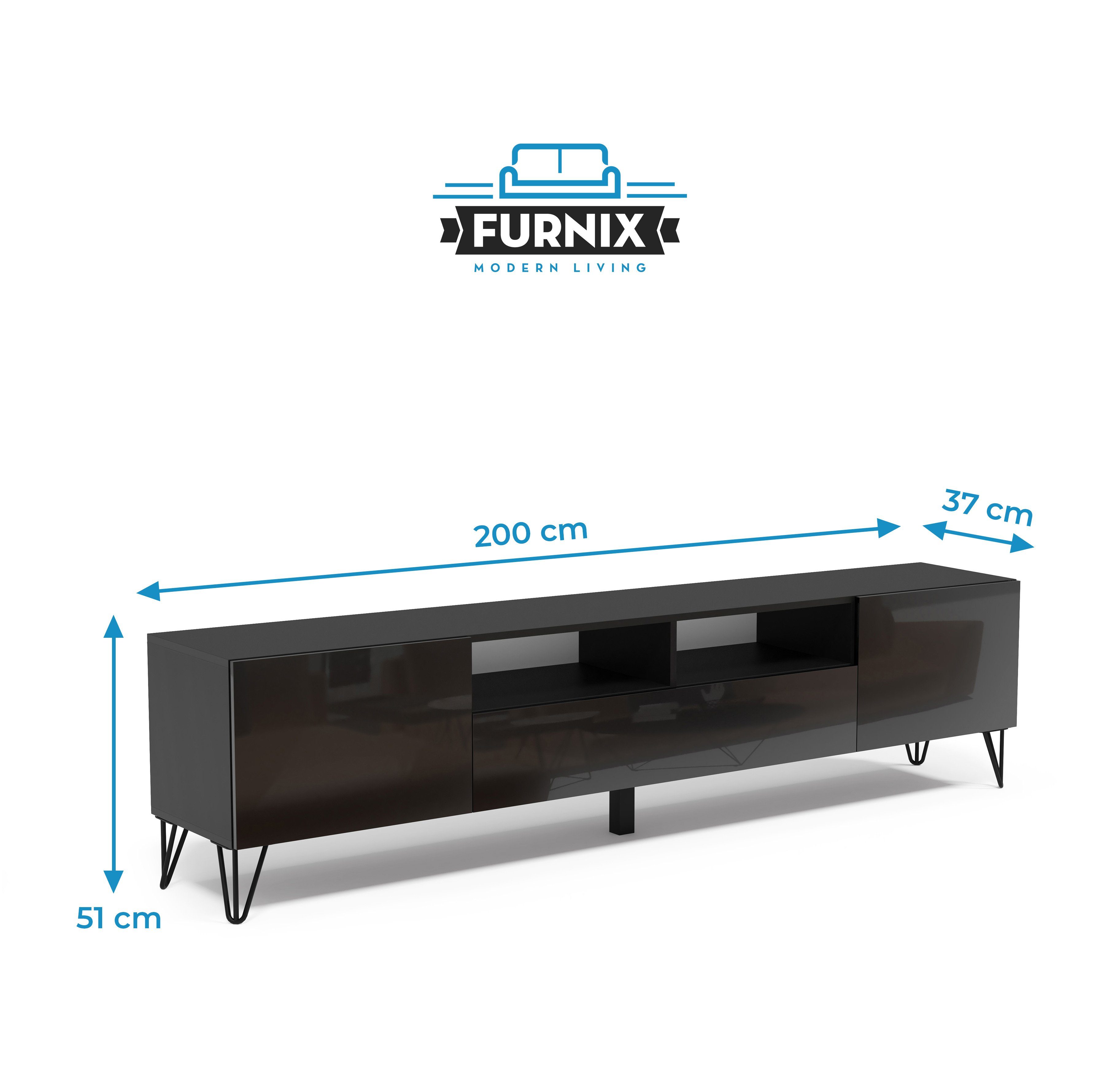 Furnix TV-Board COLGARS M11 TV-Schrank HAIRPIN Lowboard mit Metallfüßen, B200 x H51 x T37 cm