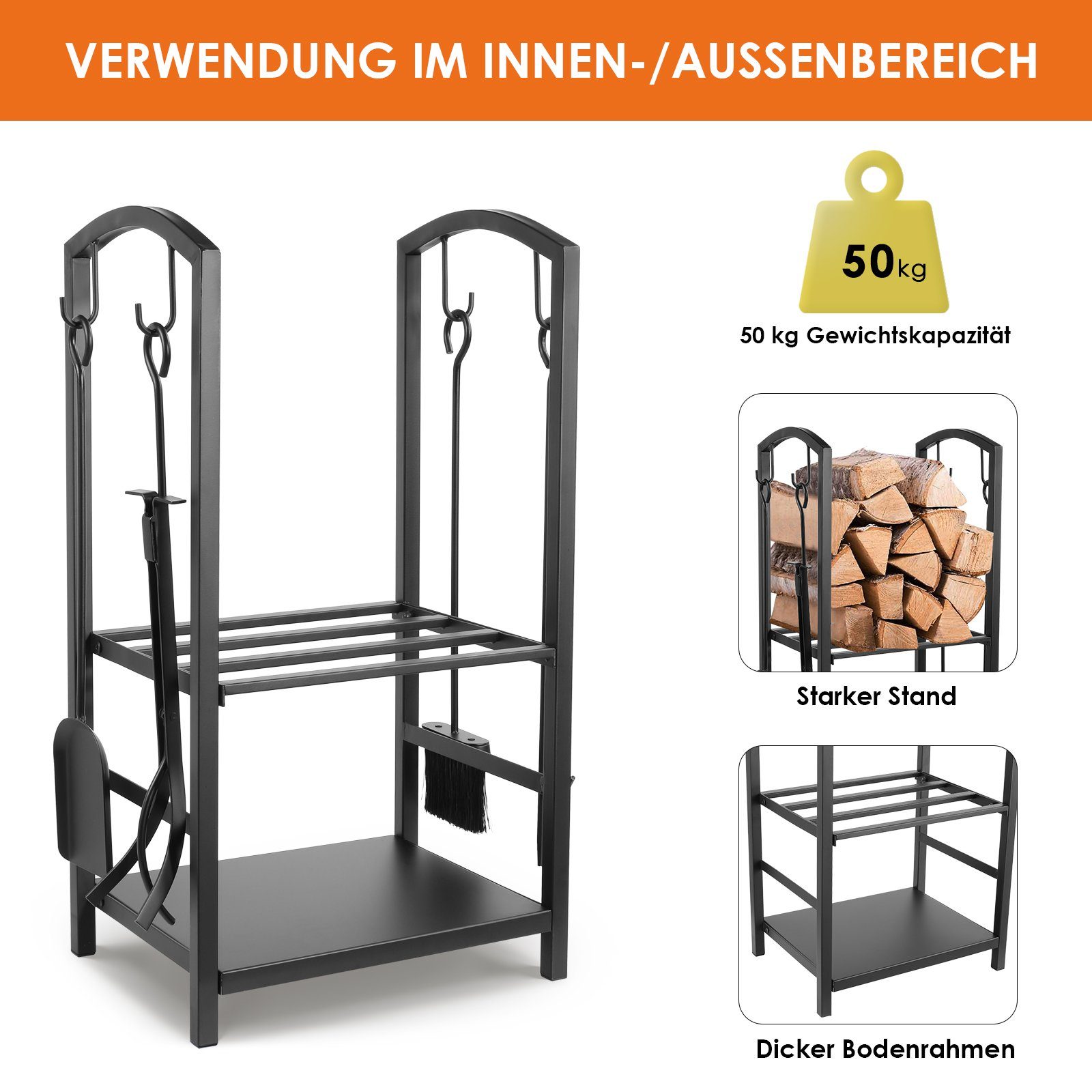 TLGREEN Kaminholzregal, 75x40x30 cm Brennholzregal, Kaminholzständer mit 4 Kaminwerkzeug
