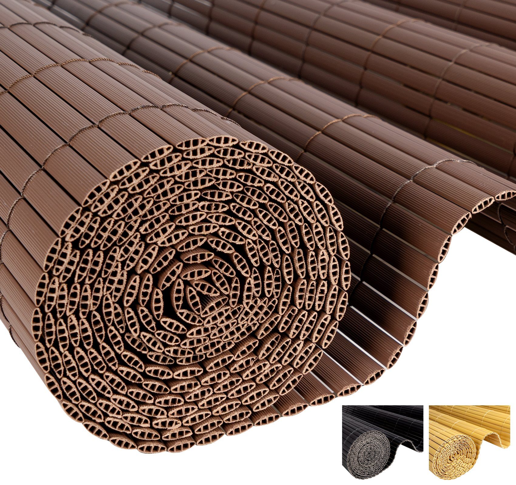 Homewit Balkonsichtschutz PVC Sichtschutzmatte mit Bindern Windschutz Wasserdicht ohne Bohren Doppelte Verstärkung Innen (Schwarz/Braun/Naturholzfarben)
