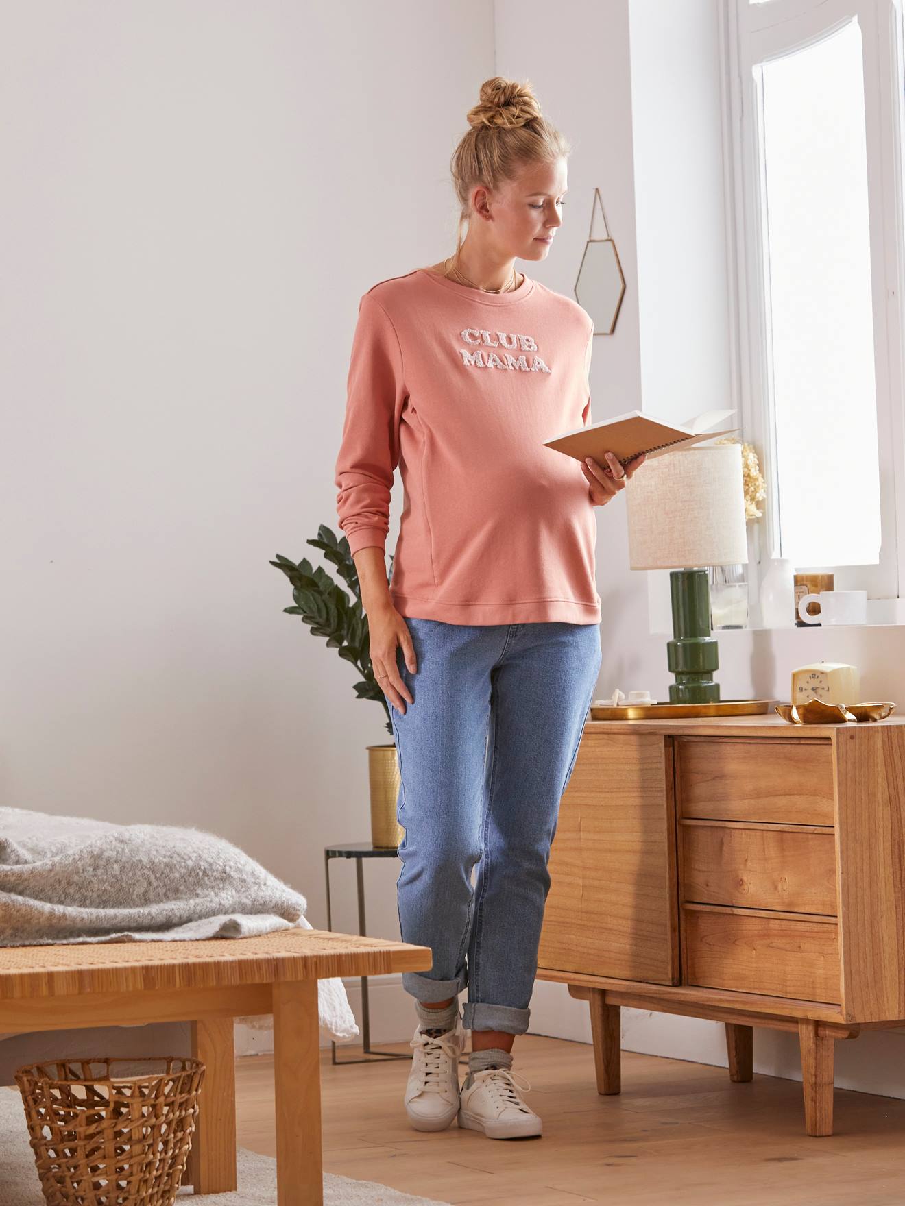 Sweat molleton à message grossesse et allaitement rose blush