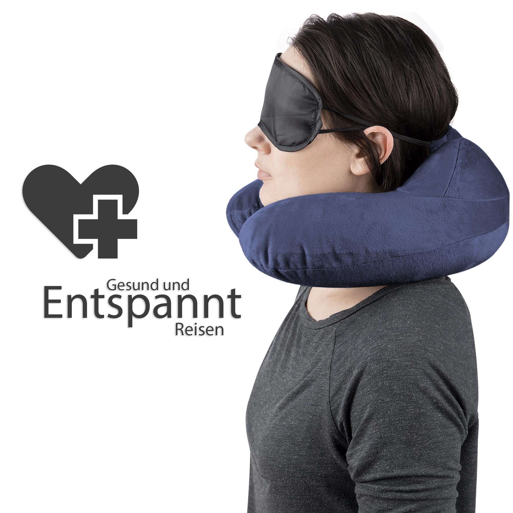 EAZY CASE Nackenhörnchen Aufblasbares Nackenhörnchen mit Stoffbezug, Nackenhörnchen, ergonomisch, U-Form, aufblasbares Nackenkissen, Camping, Weiches Fleece Kissen, Auto Reise Set inklusive Schlafmaske & Ohrstöpsel, Blau