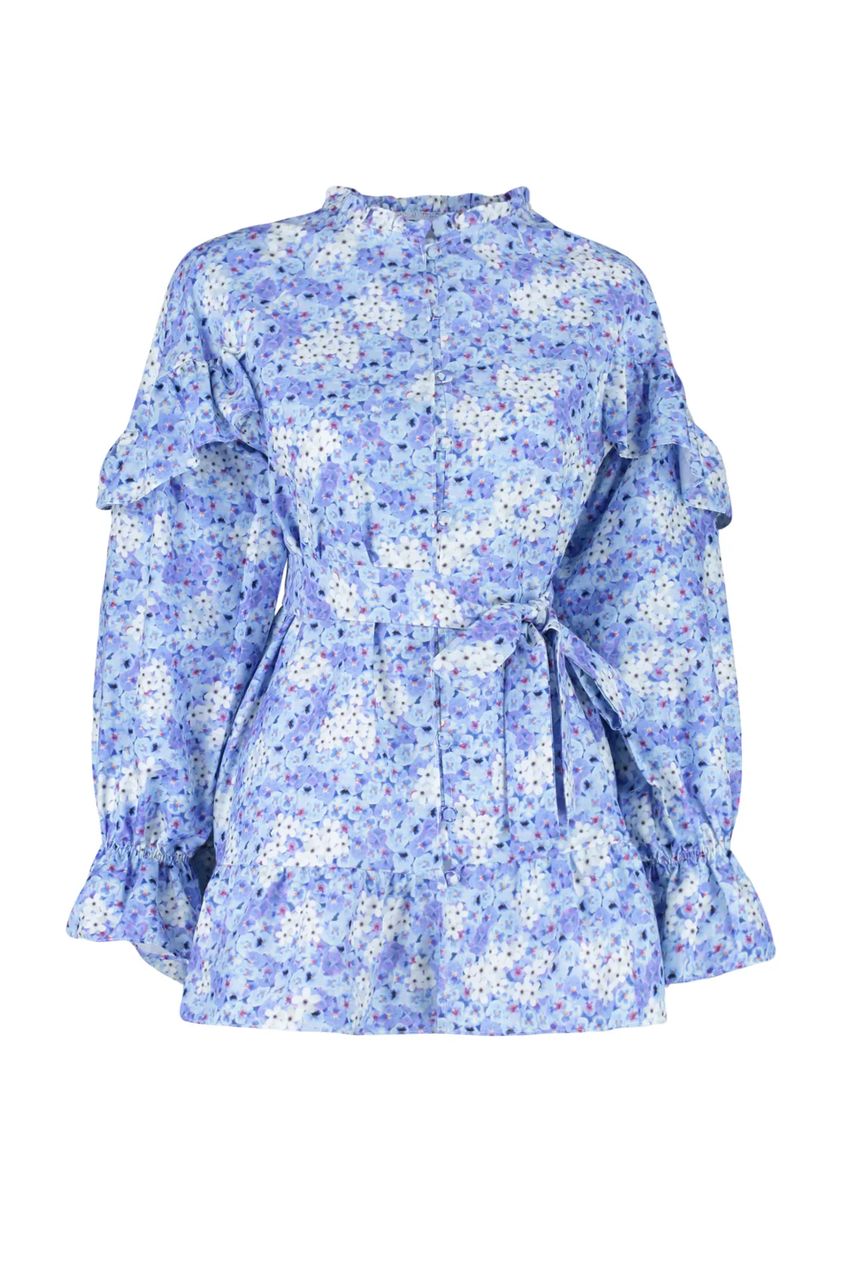 Trendyol Modest  Hellblaue gewebte Tunika mit Blumenmuster TCTSS24UK00025