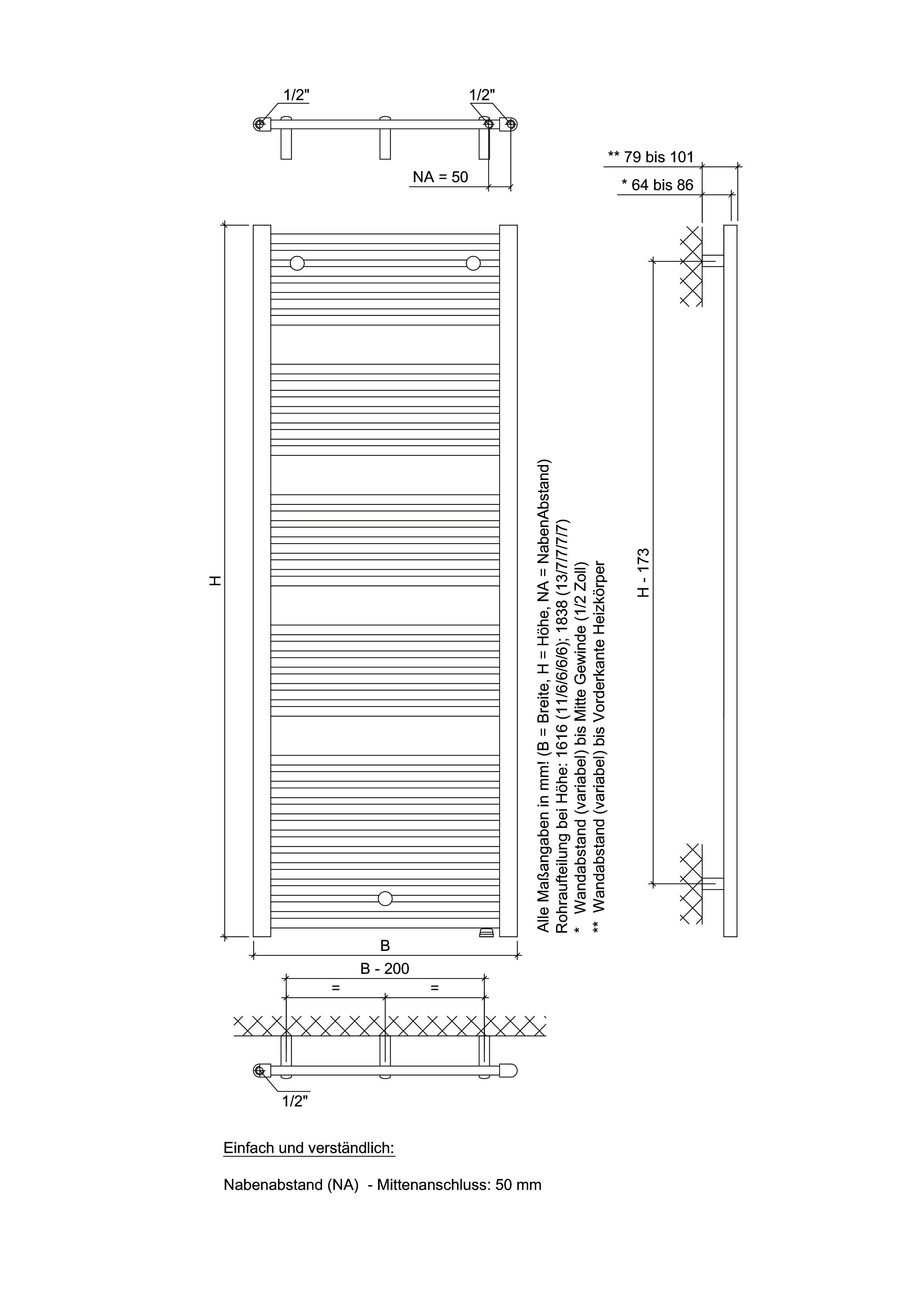 Ximax Badheizkörper Hektor MAV 1616 mm x 600 mm, 904 Watt, Mittenanschluss versetzt, weiß