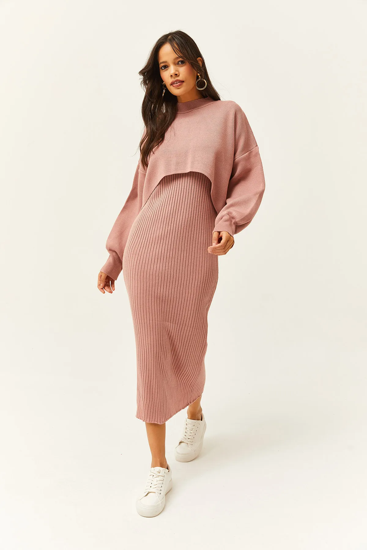 Olalook  Damen Dusty Rose Top Crop Sweater Bottom Strap Dress Strickanzug TKM-19000176