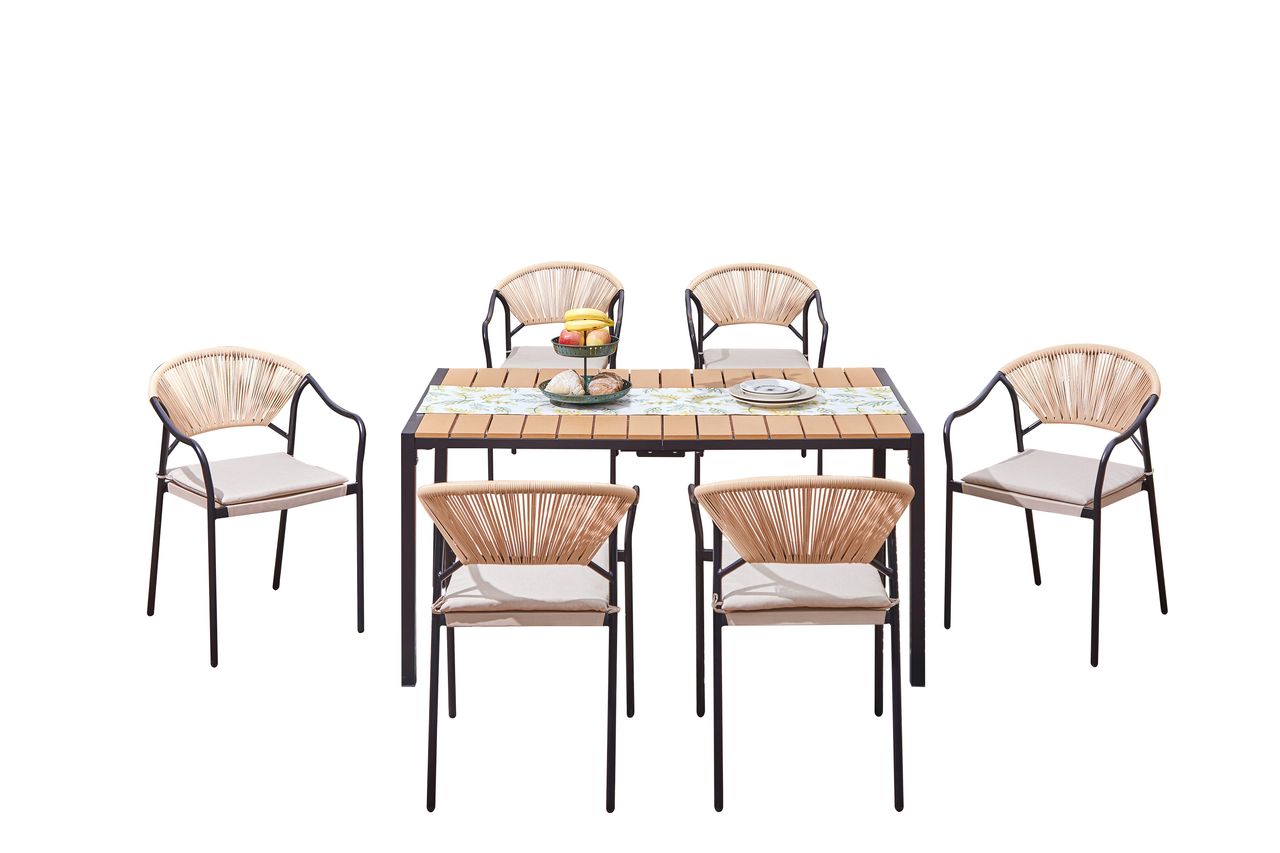 Happy Home Happy Home 7 tlg. Dining Set HGS33-BEI helles Rattan mit Sitzkissen in Beige