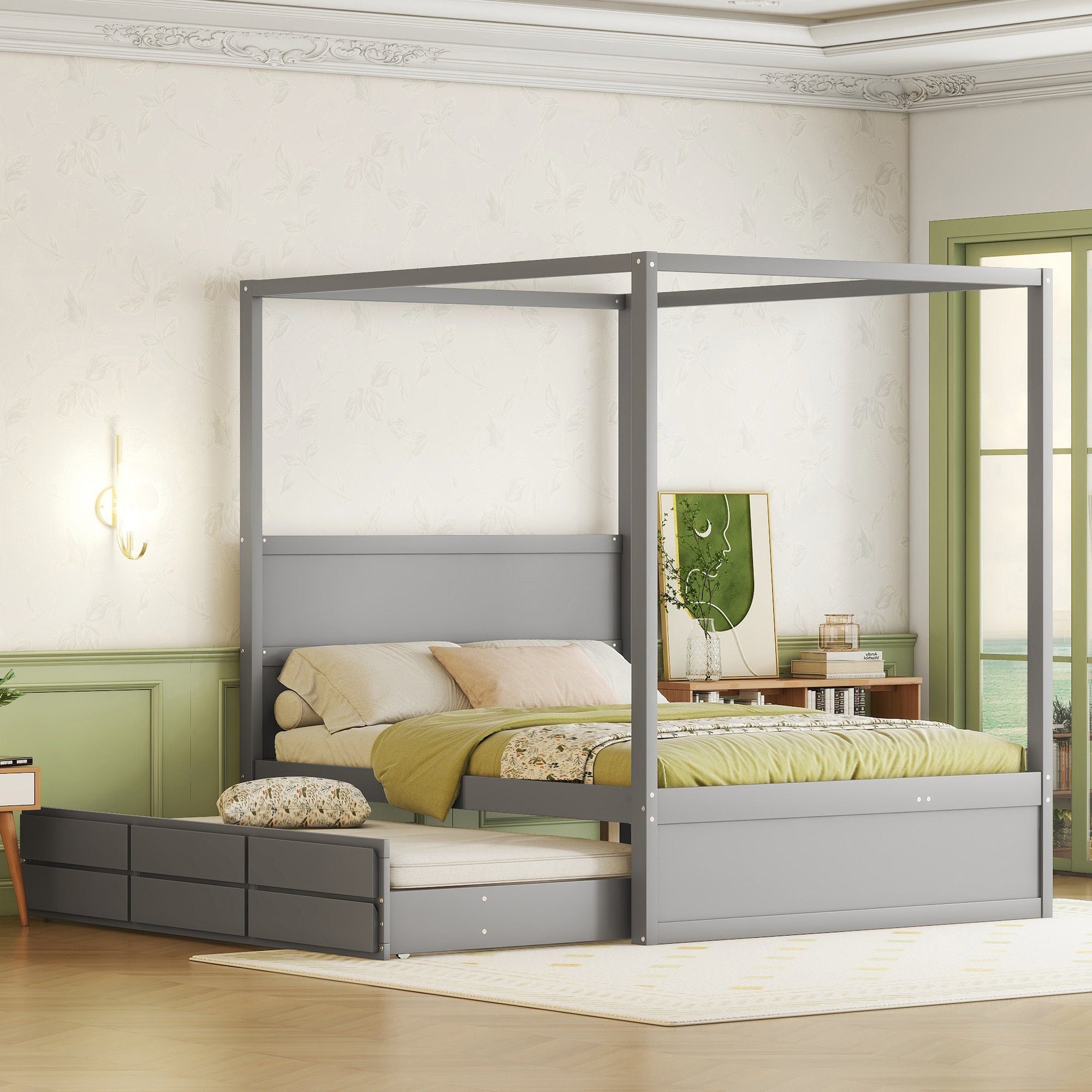 Gotagee Himmelbett Himmelbett Ausziehbarem Einzelbett 3 Ablagefächern 140x200 Doppelbett
