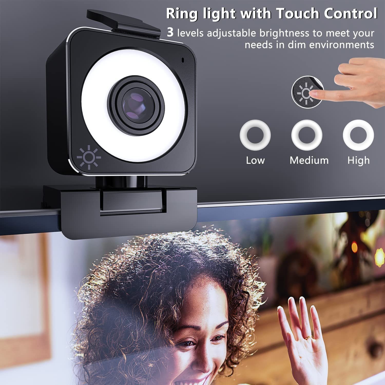 Diyarts Webcam (Full HD, PC Kamera und Laptop Video Konferenzen Online-Unterricht und Streaming, Mikrofon & Ringlicht, 90° USB Kamera mit automatische Lichtkorrektur)