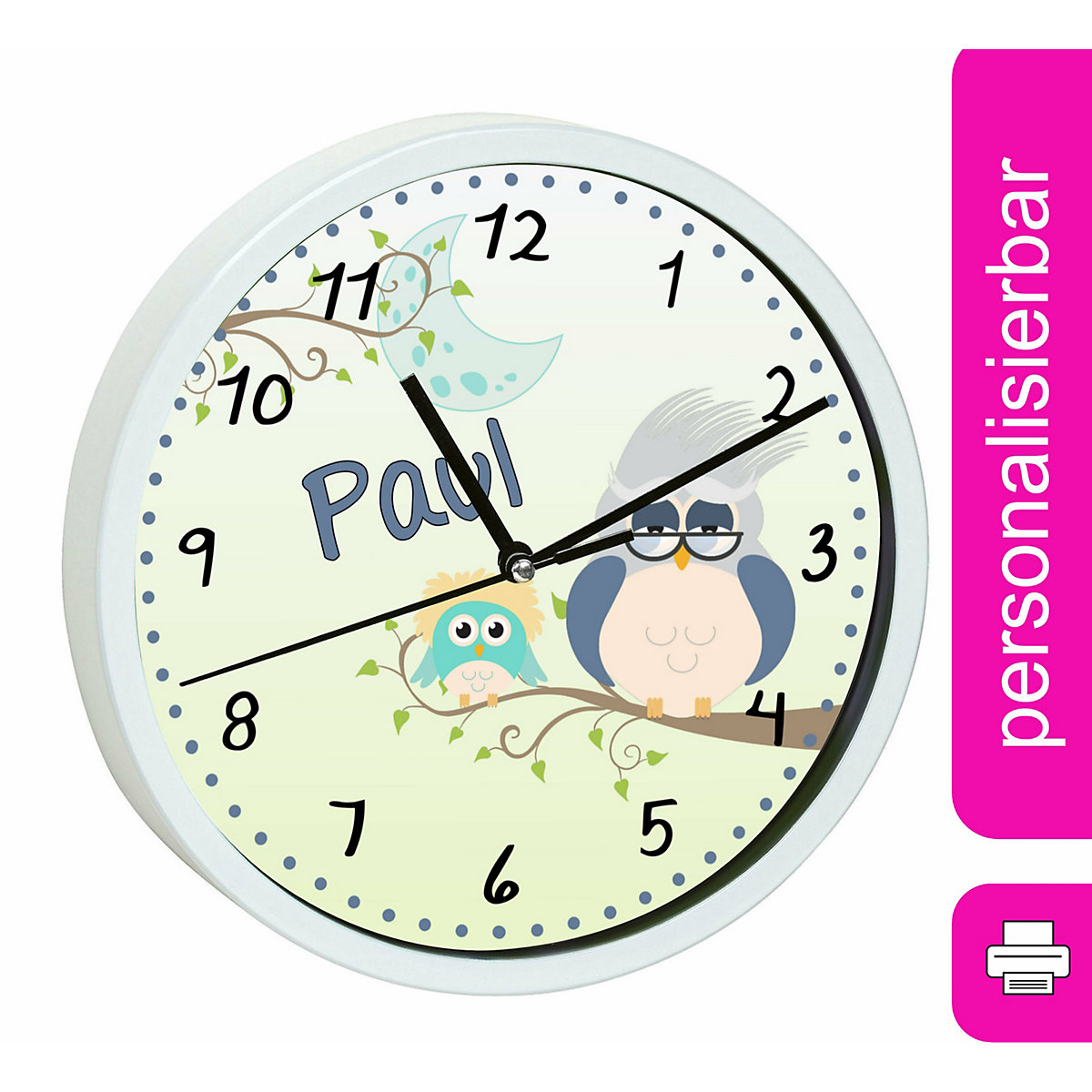 Kinder Wanduhr laufruhig personalisiert mit Name Eule Opa