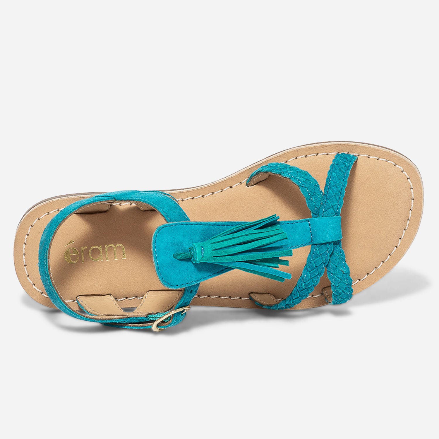 Sandale turquoise en cuir velours avec pampille