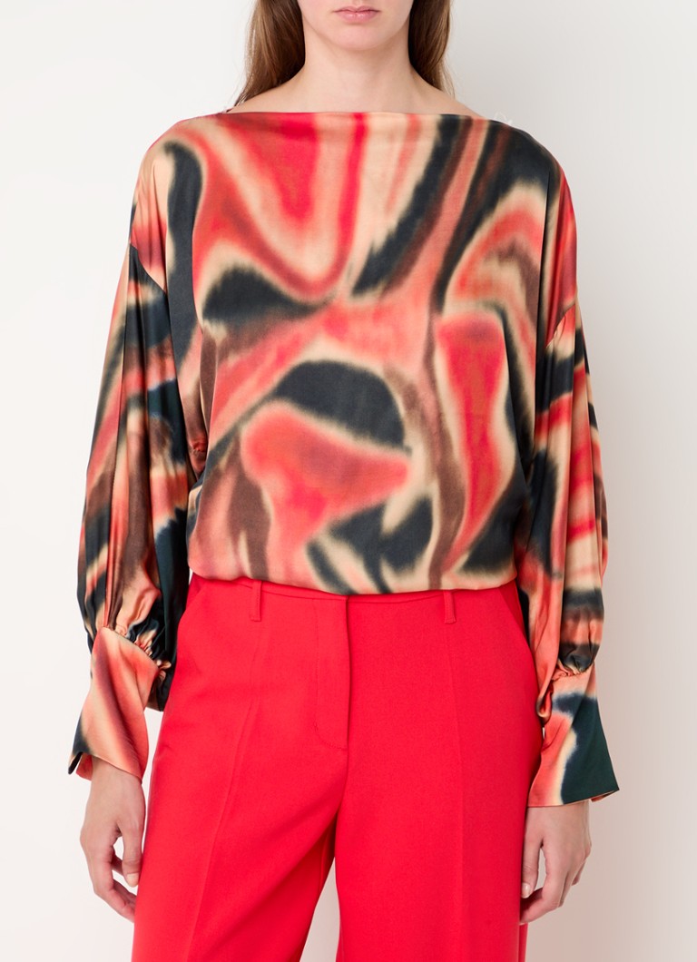 Summum Satin top with tie-dye design and boat neckline