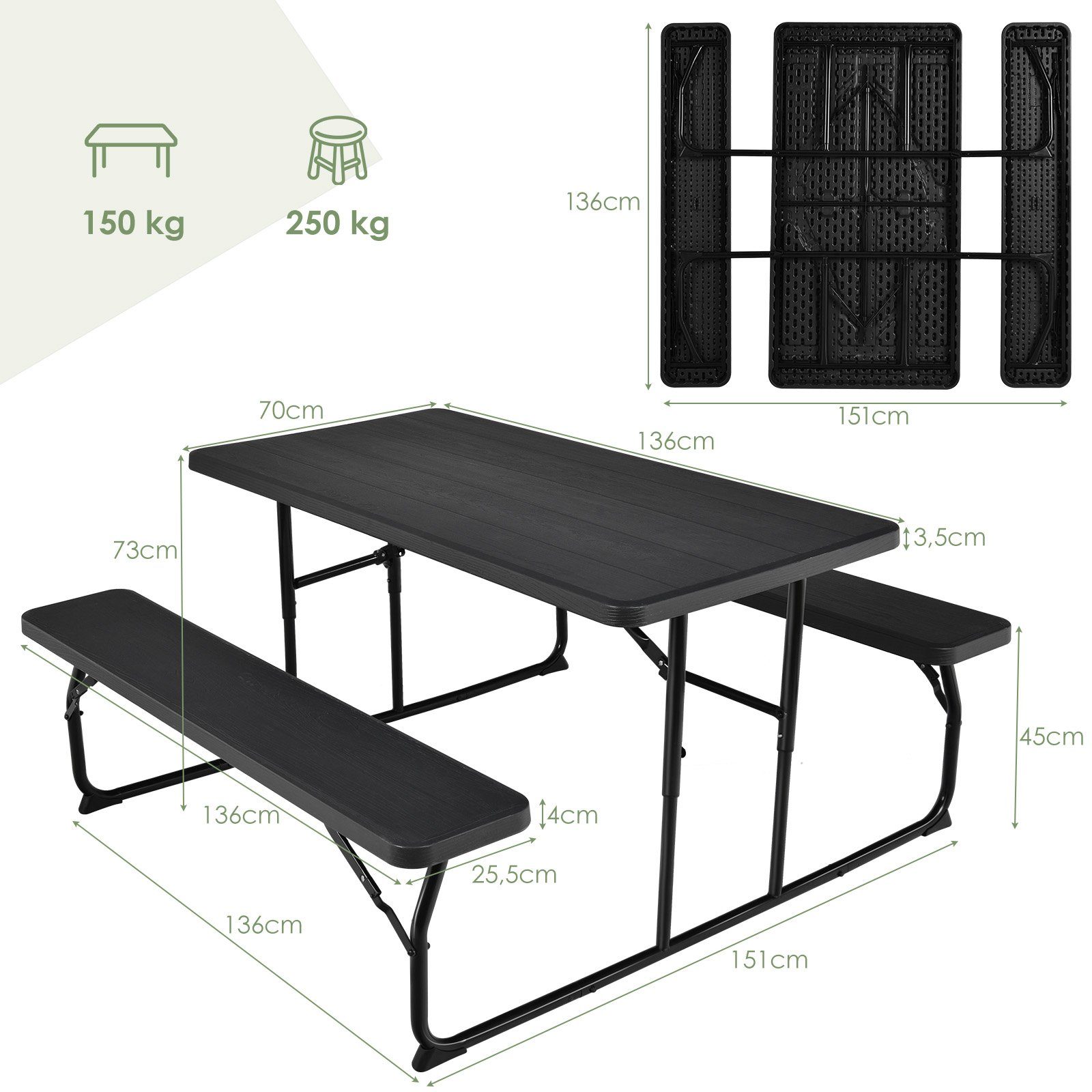 COSTWAY Bierzeltgarnitur, 136 cm Campingtisch mit Bänken, klappbar