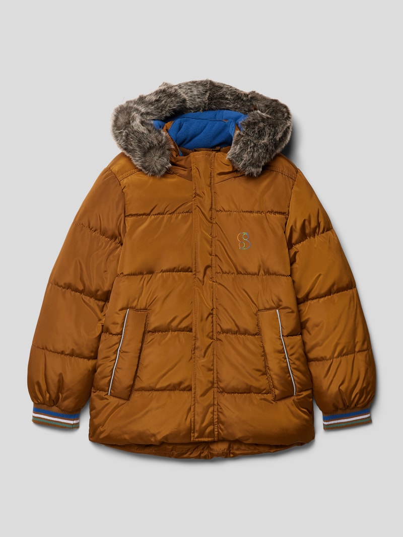 Steppjacke mit abnehmbarer Kapuze mit Kunstfell in cognac