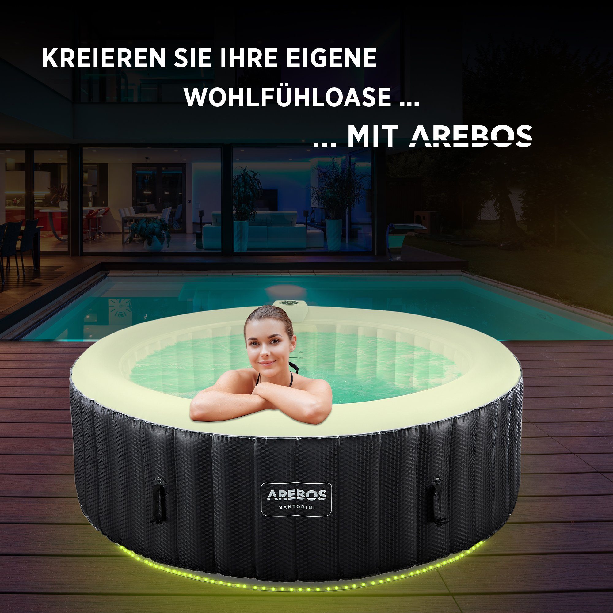 Arebos Whirlpool automatisch aufblasbar, In & Outdoor, 6 Personen, mit LED, (Aufblasbar,komplett mit Zubehör)