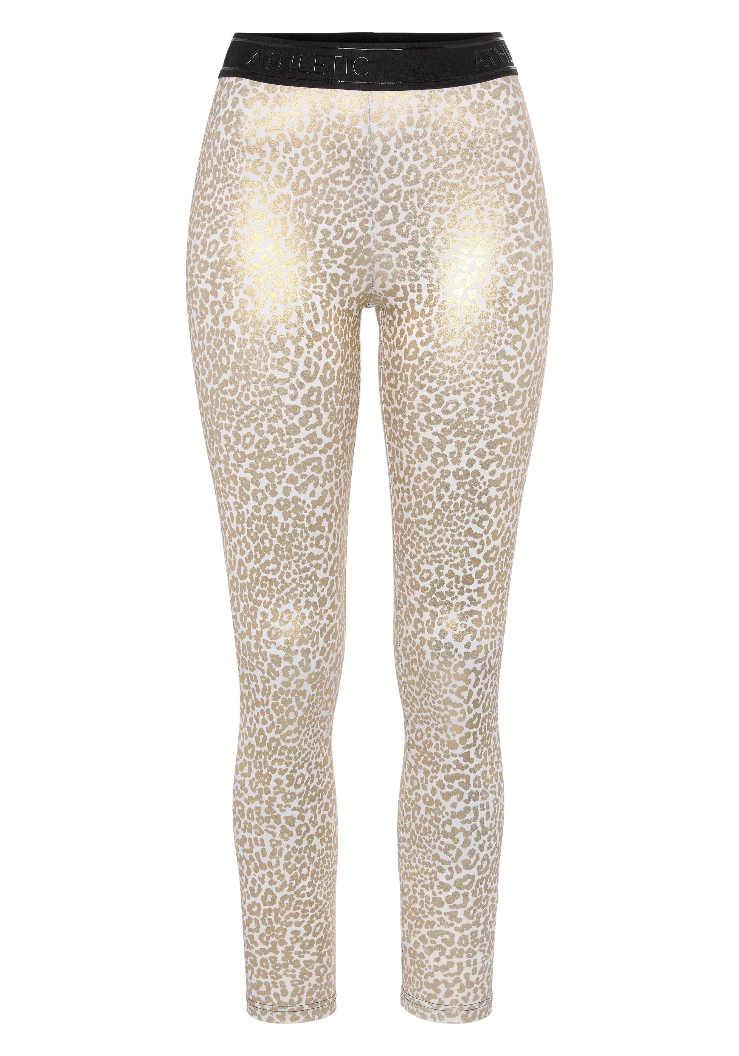 LASCANA ACTIVE Funktionsleggings -Sportleggings mit glänzendem Leomuster und 3D-Schriftzug auf dem Bund