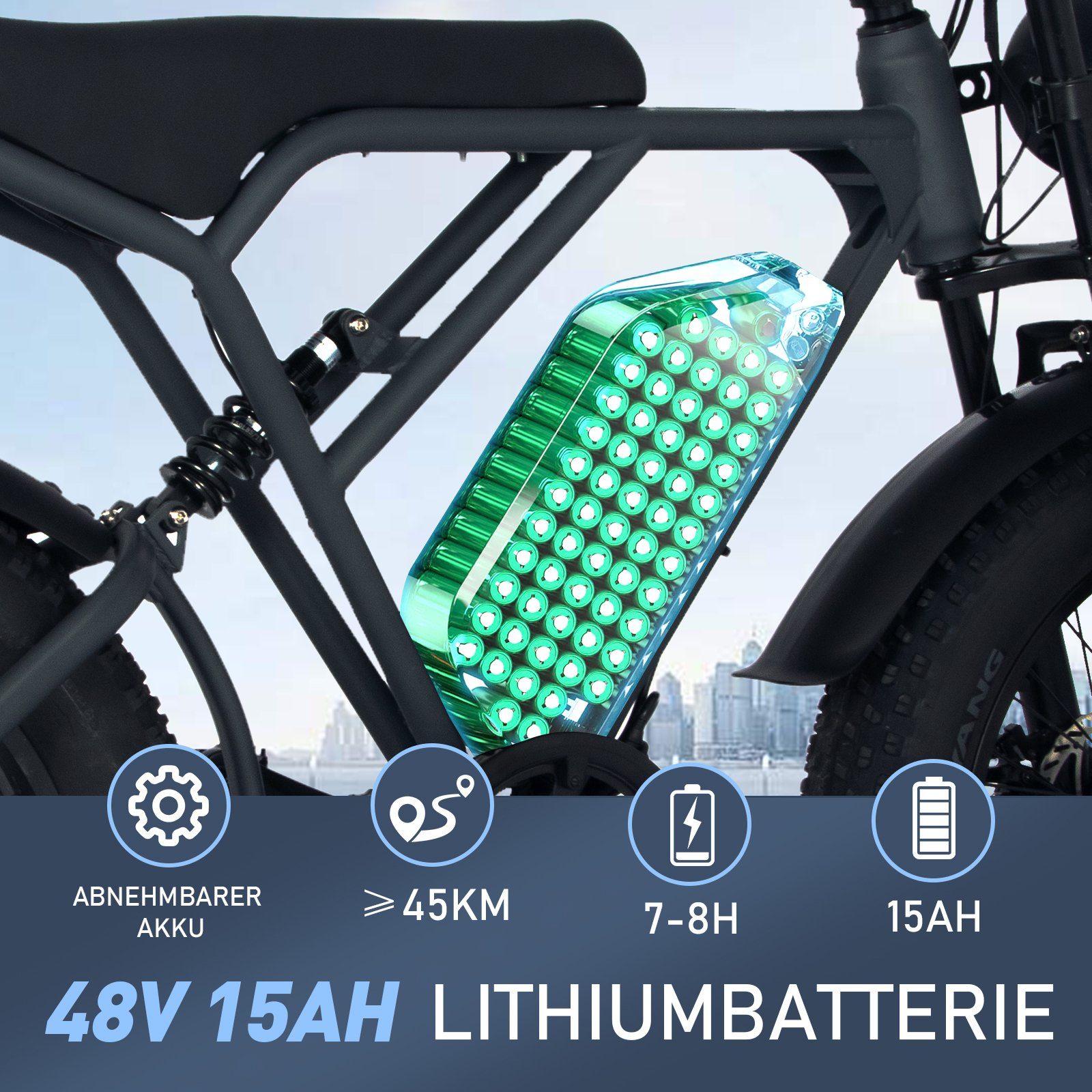 HITWAY E-Bike 20 Zoll 4.0 Fat Luftreifen 48V 15Ah Shimano 7 Gang zum,bis 55-80km, 7 Gang Shimano, Kettenschaltung, Heckmotor