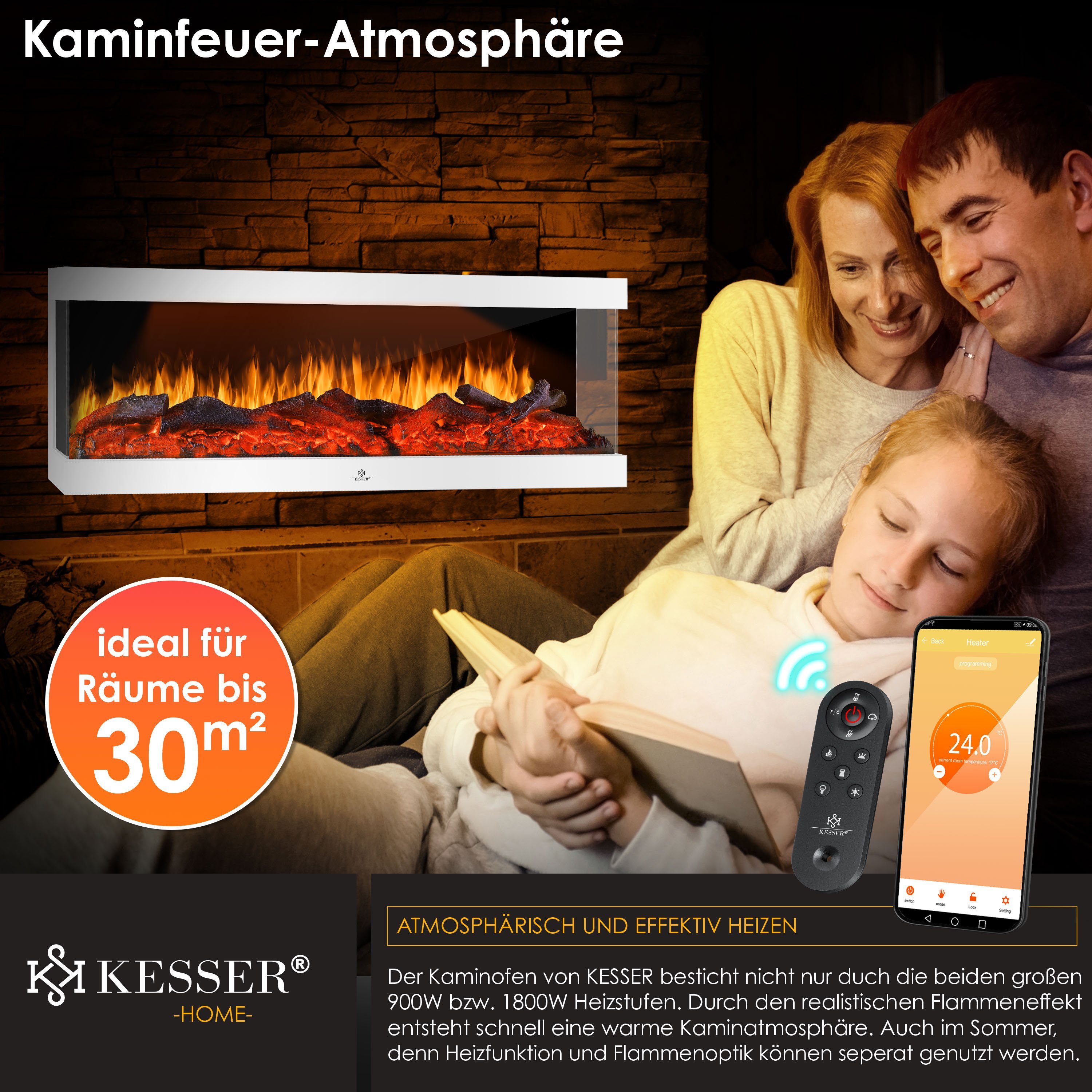 KESSER Elektrokamin, Kaminofen Elektrokamin Wandkamin 9 Farbmodi LED Flammen