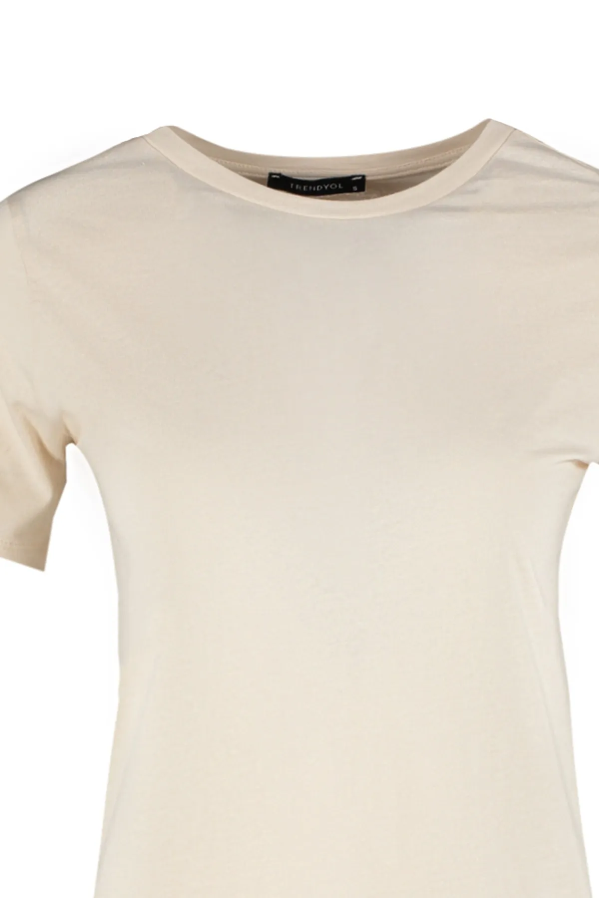Trendyol Collection  Hellbeiges Basic-Strick-T-Shirt mit Rundhalsausschnitt aus 100 % Baumwolle TWOSS23TS00000