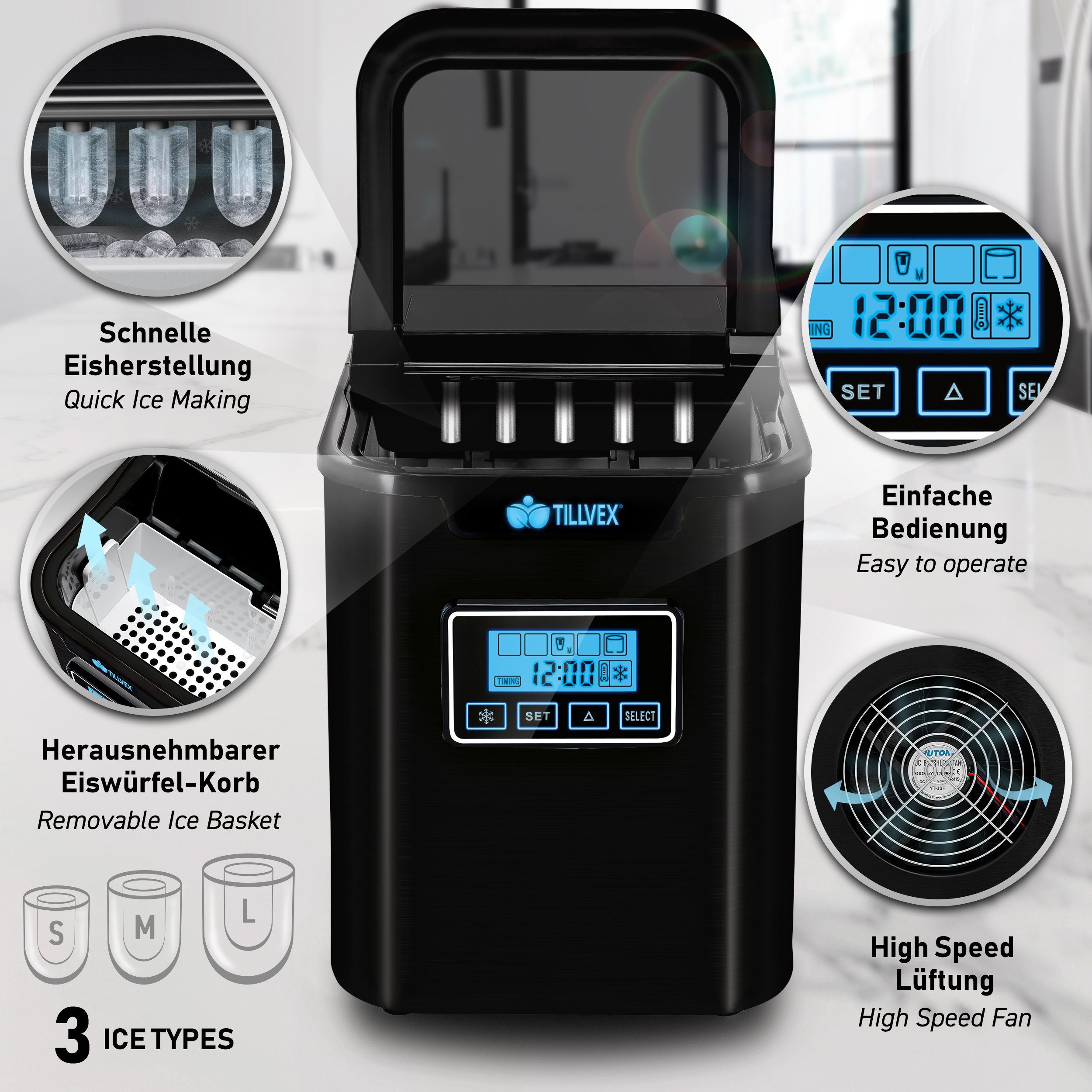 tillvex Eiswürfelmaschine Ice Maker 12 kg - 24 h Edelstahl, Mit Timer & LCD-Display, 2,2L Wassertank & Selbstreinigungsfunktion, 3 Eiswürfel Größen