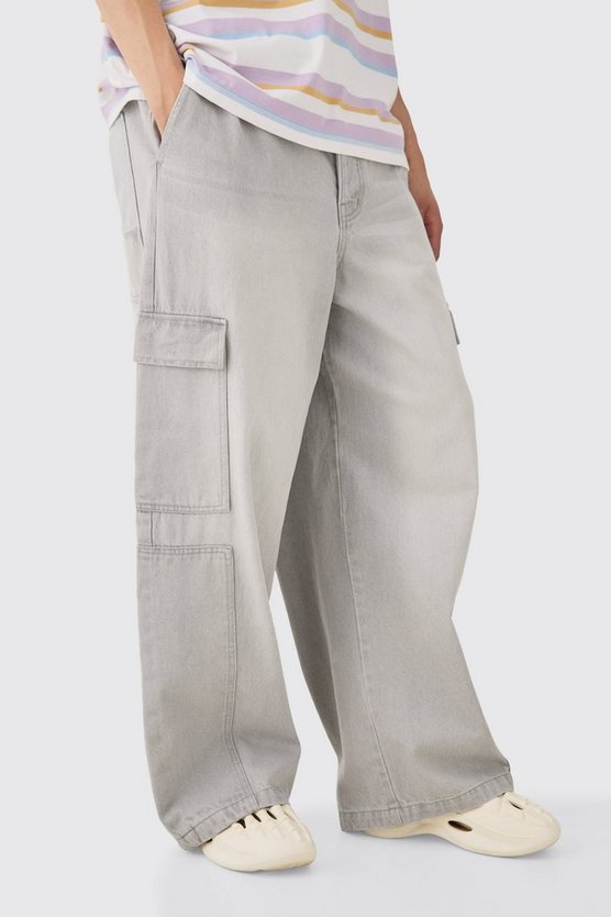 Graue Cargo-Jeans mit elastischem Bund und extrem weitem Bein