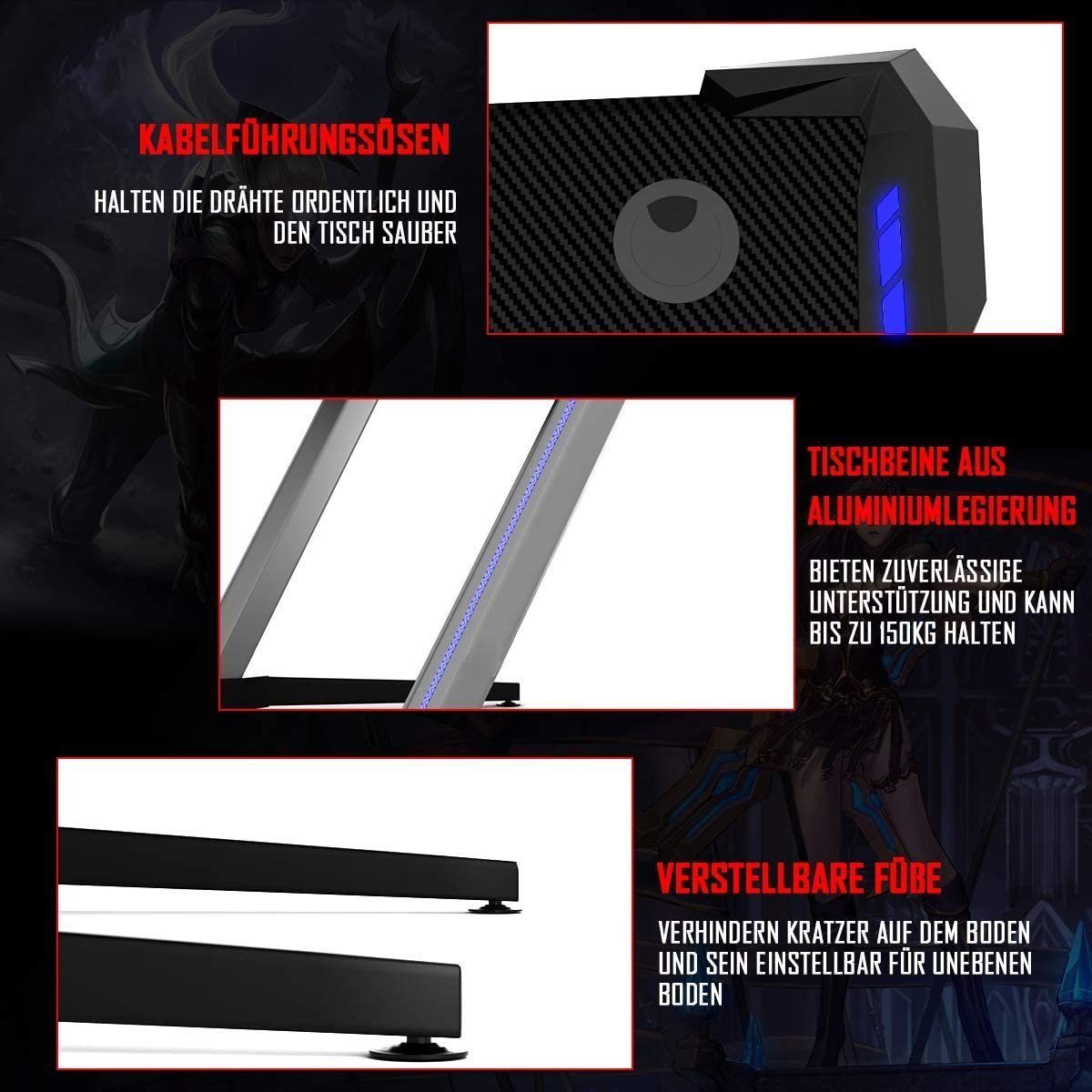 COSTWAY Gamingtisch, RGB-Led, Controller-Halterung mit 4 USB, Z-förmig 120cm