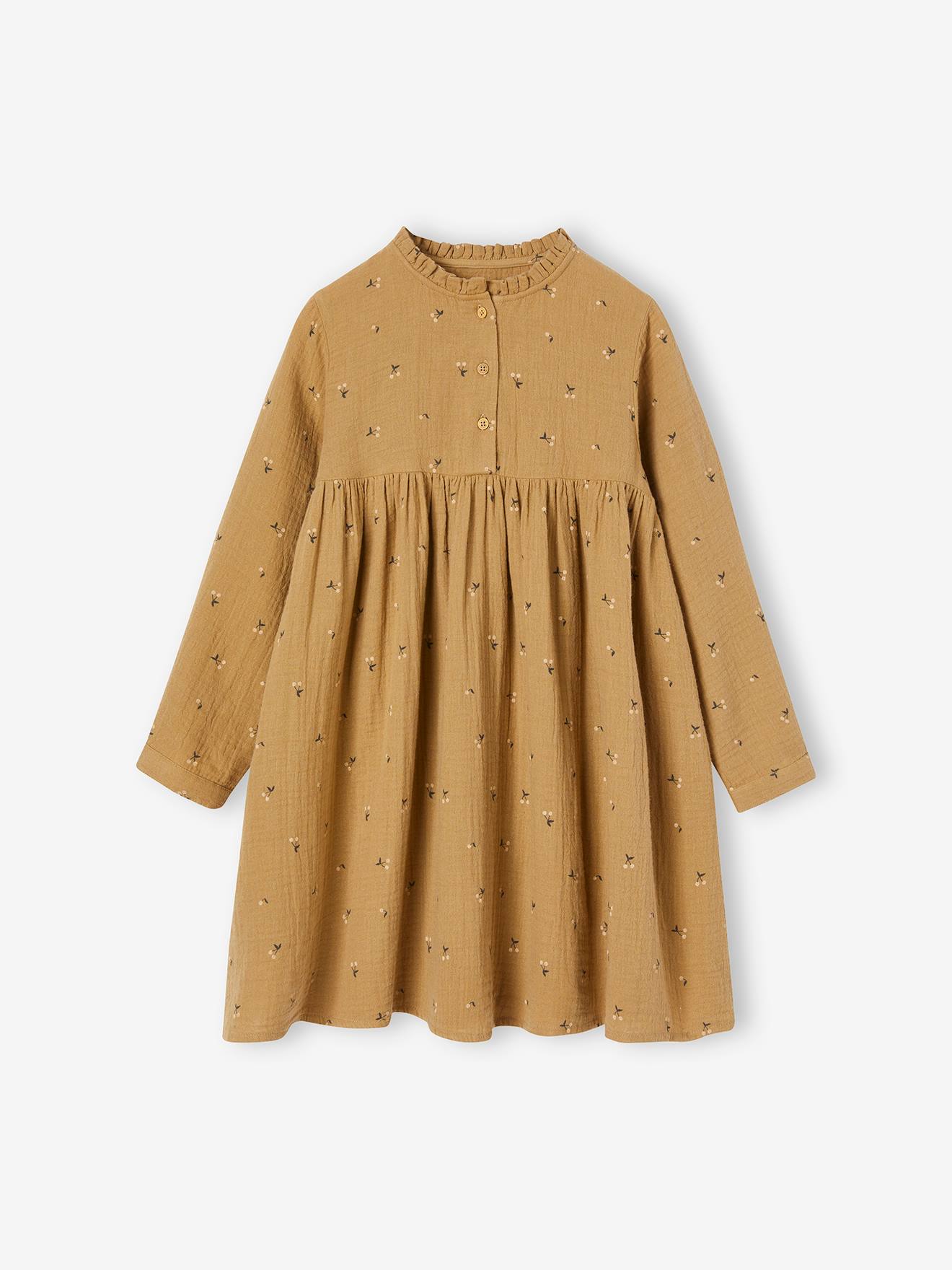 Vertbaudet Mädchen Kleid mit Glanztupfen, Musselin - grün bedruckt