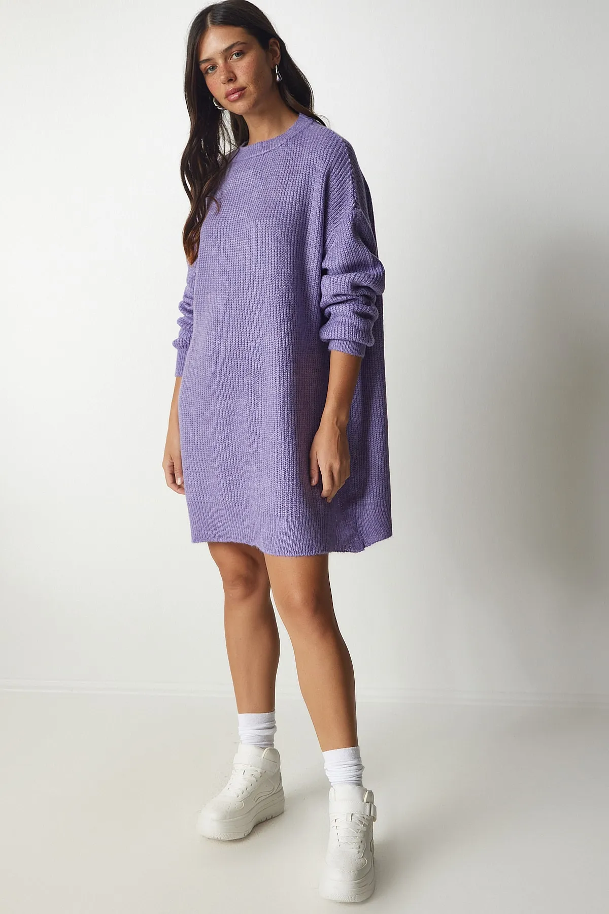 Happiness İstanbul  Lilafarbener, langer Basic-Strickpullover für Damen in Übergröße BV00099