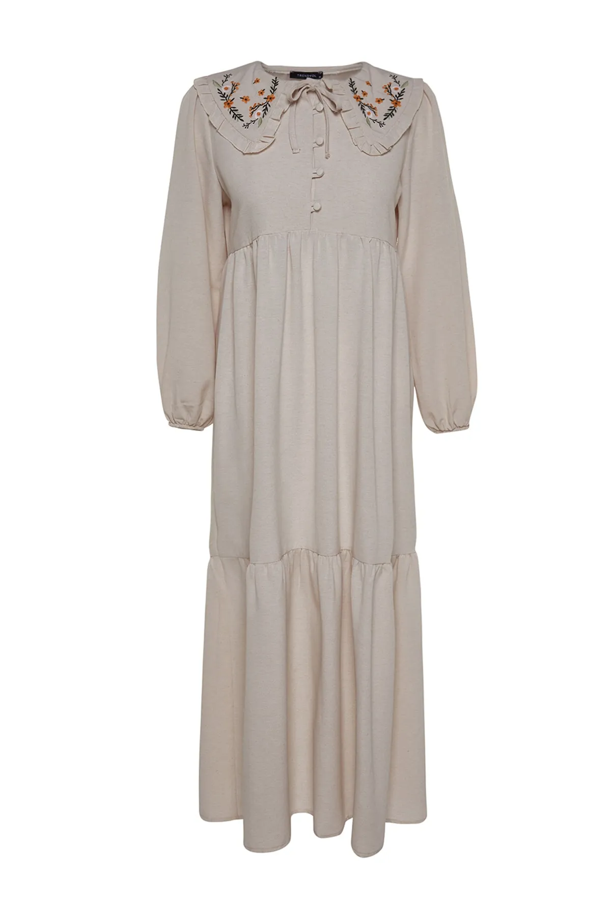 Trendyol Modest  Cremefarbenes, gewebtes Kleid mit halber Knopfleiste und besticktem Kragen in Leinenoptik TCTSS23EB00257