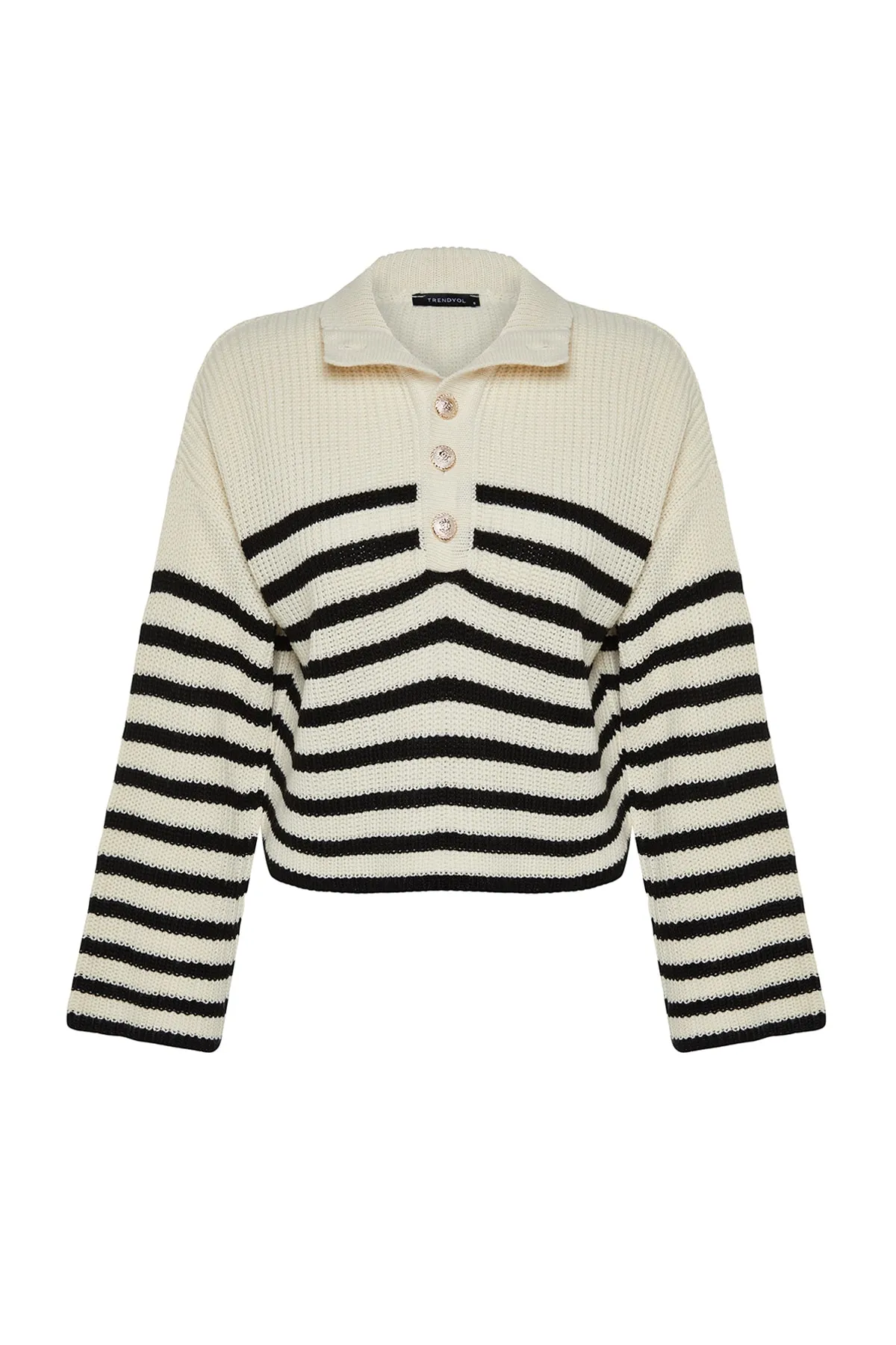 Trendyol Collection  Ecrufarbener, gestreifter Strickpullover mit Rundhalsausschnitt und weiter Passform TWOAW24KZ00165