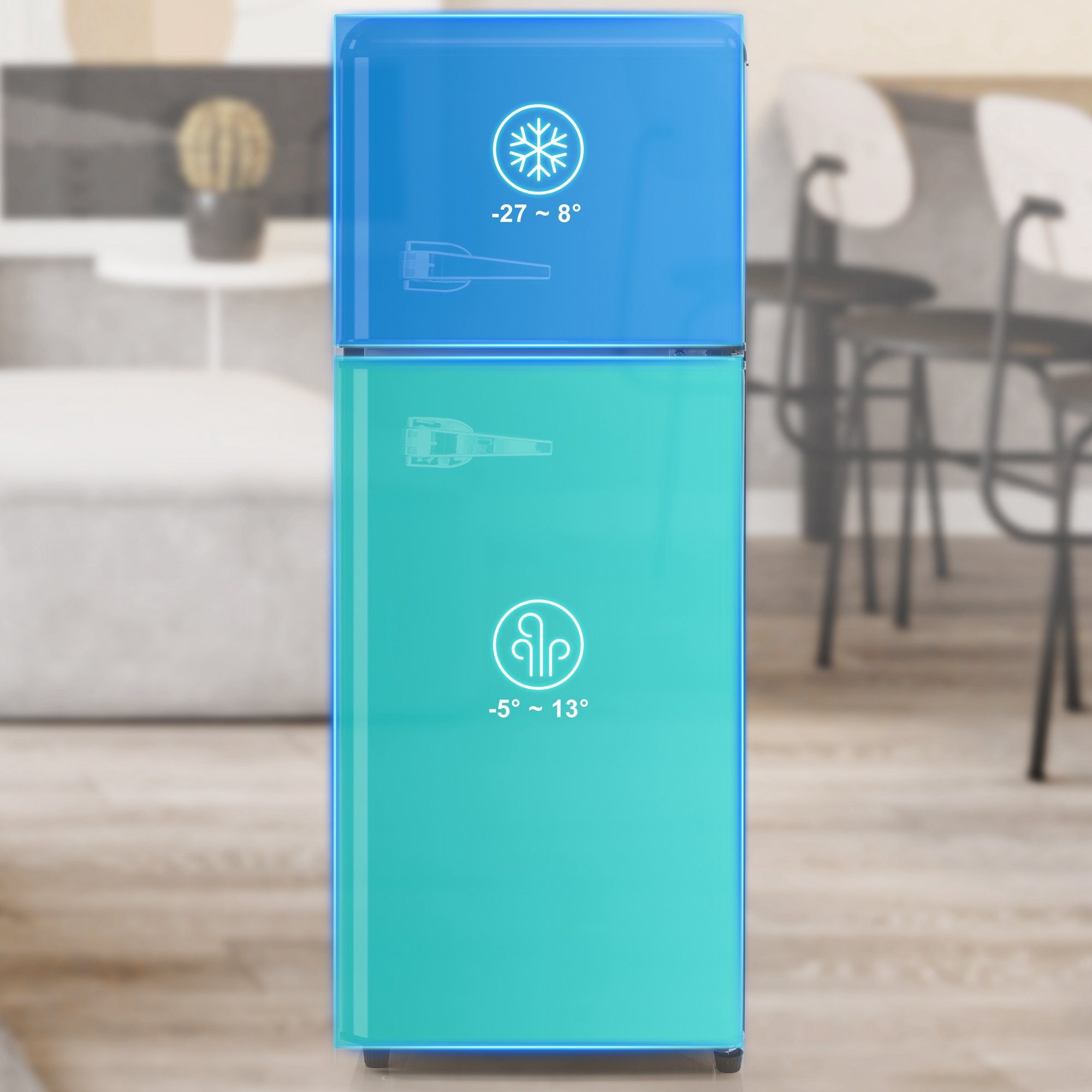 OKWISH Kühlschrank BCD-102, 105 cm hoch, 41 cm breit, Türregale und Glasregale. 181 kWh/Jahr, -27°C ~13°C, LED-Licht.