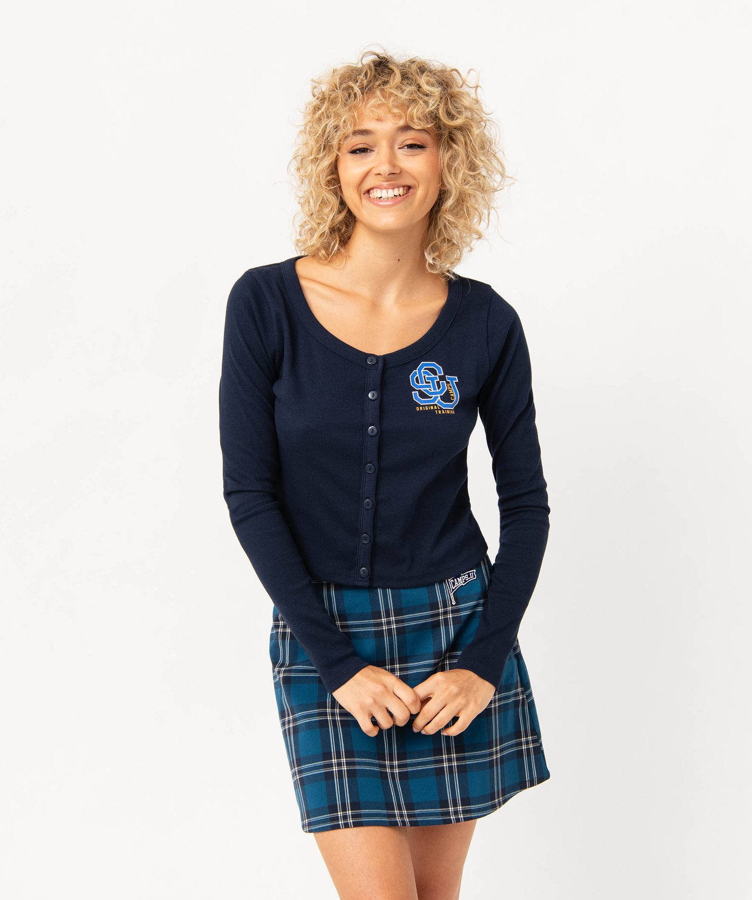 Tee-shirt court à manches longues fermeture boutonnée femm... bleu | GEMO