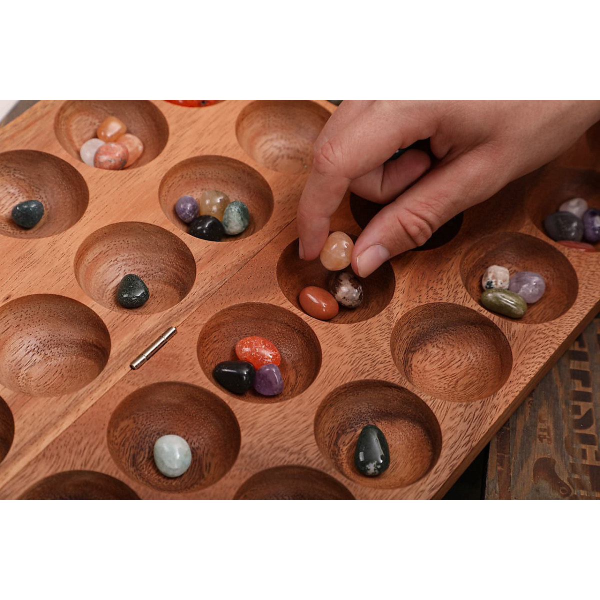 HUS BAO, Steinchenspiel, Bohnenspiel, Halbedelsteine, Mancala, Kalaha, Familienspiel, Gesellschaftsspiel aus Holz