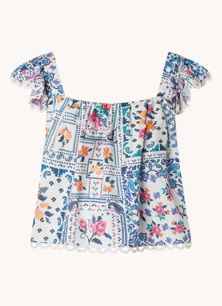Farm Rio Top with floral print and embroidery