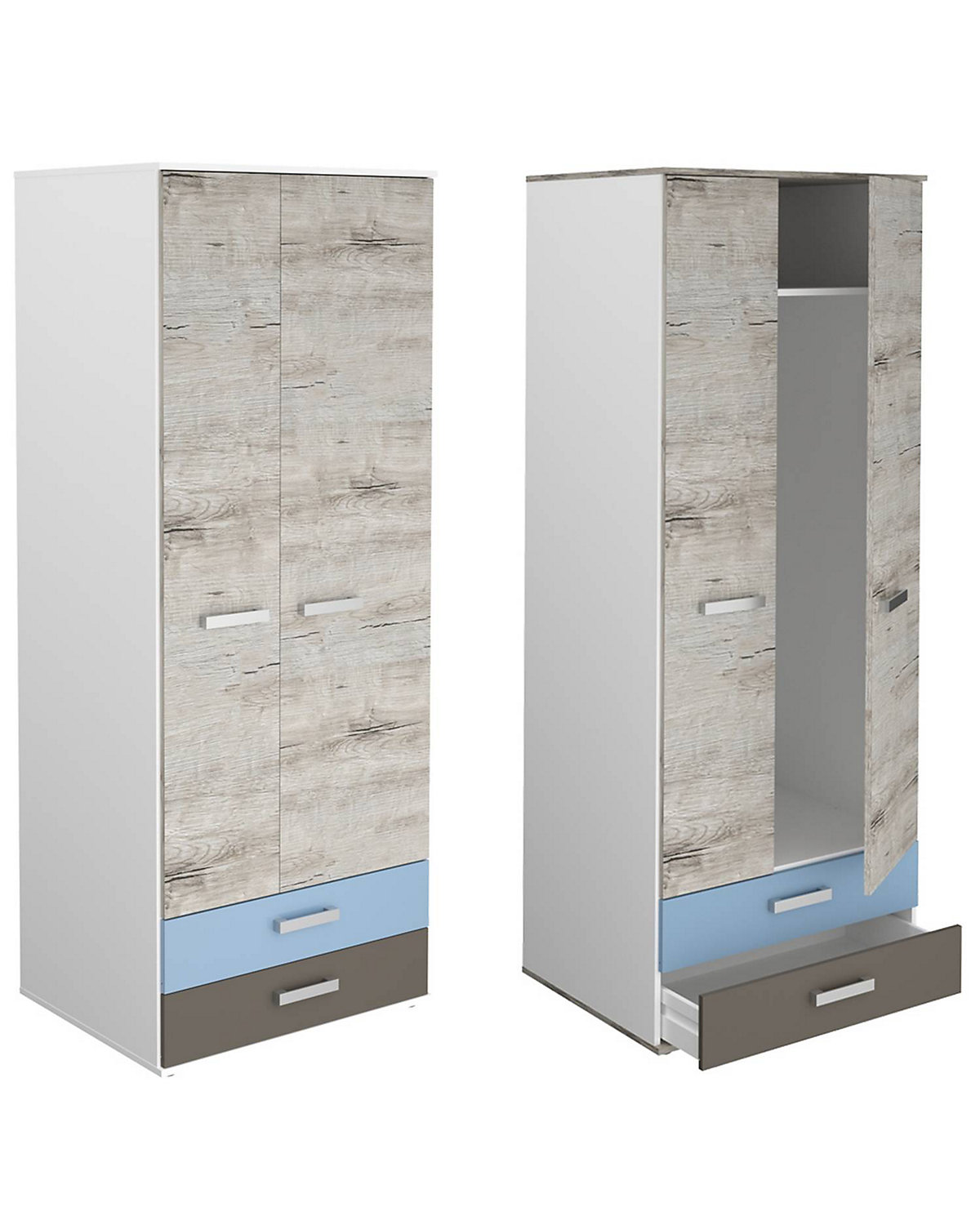 Kleiderschrank LEEDS-10 mit 2 Türen und 2 Schubkästen, Sandeiche Nb./weiß/Lava/Denim, B/H/T ca. 75,6/193,5/60,0 cm