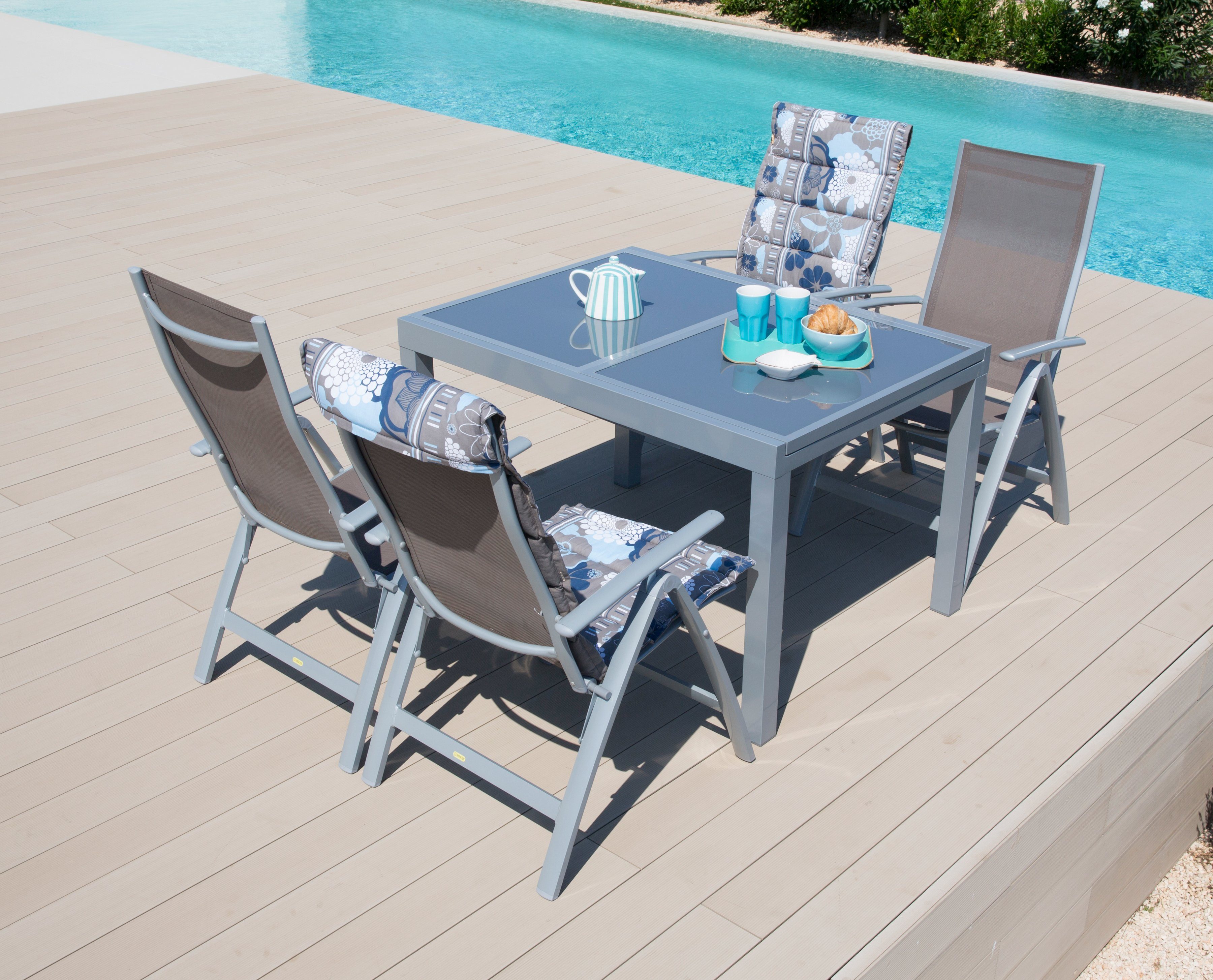 MERXX Garten-Essgruppe Amalfi, (5-tlg), 4 Klappsessel, Tisch ausziehbar 90x120-180 cm, Alu/Textil