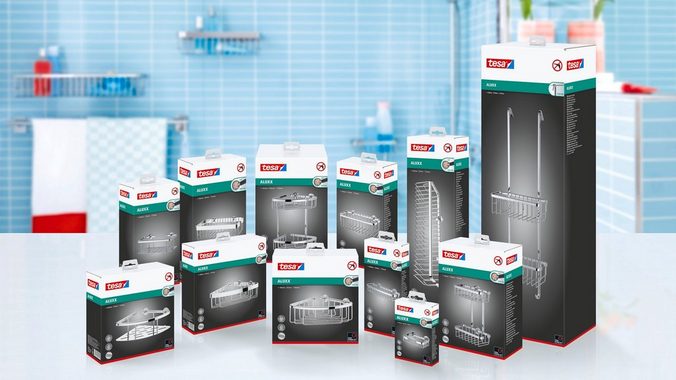 tesa Duschablage ALUXX Duscheckablagekorb ohne Bohren - 9,2 cm : 19,2 cm : 20 cm, Packung 1-tlg., selbstklebendes Hängeregal für die Dusche - chrom - silber glänzend