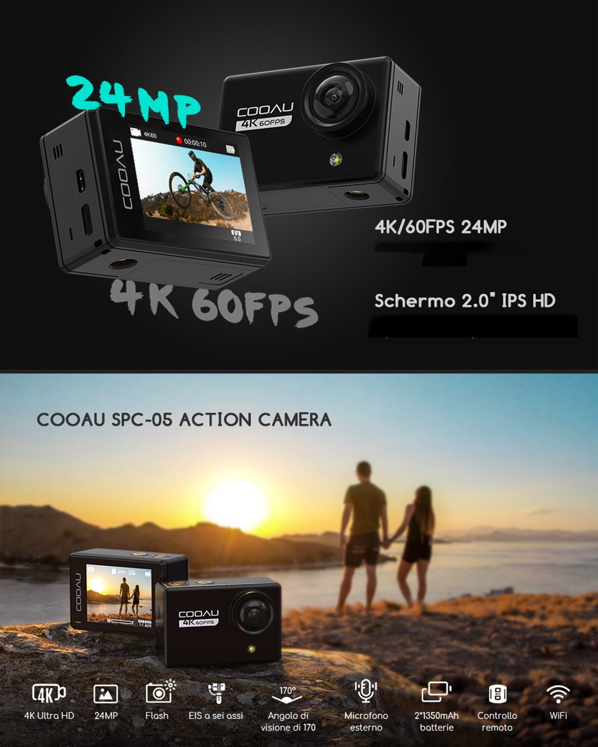 COOAU Action Cam 4K 20MP WiFi 40M Unterwasserkamera Wasserdicht Action Cam (4K Ultra HD, WLAN (Wi-Fi), 170° Weitwinkel EIS Stabilisierung Action cam 2.4G WIFI Fernbedienung, Externem Mikrofon, Time Lapse, Loop-Video, Zeitlupe, Zeitraffer)