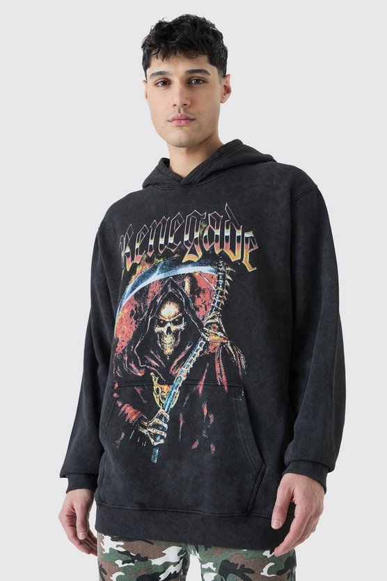 Oversize Hoodie mit Acid-Waschung und Totenkopf-Print